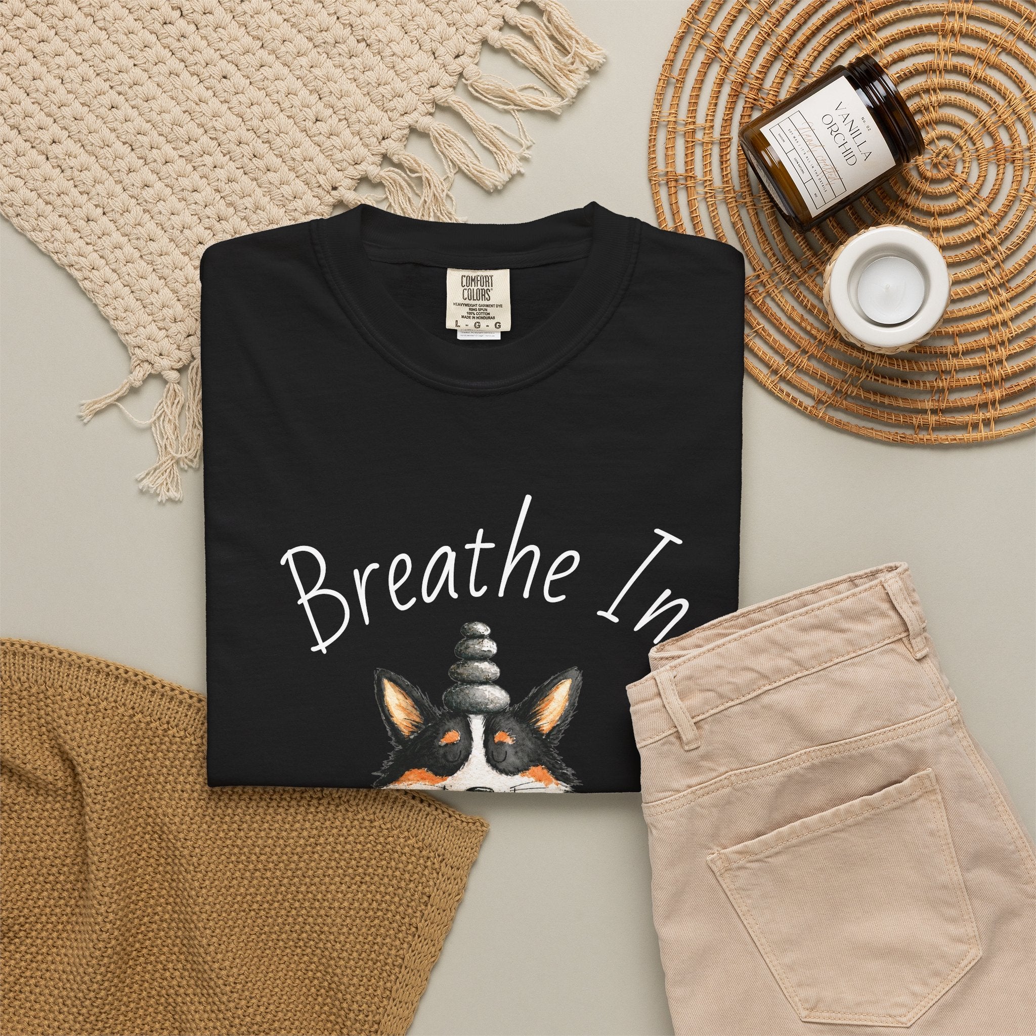 Meditating Corgi T-Shirt — "Breathe In, Breathe Out" Cute Yoga Dog Tee
