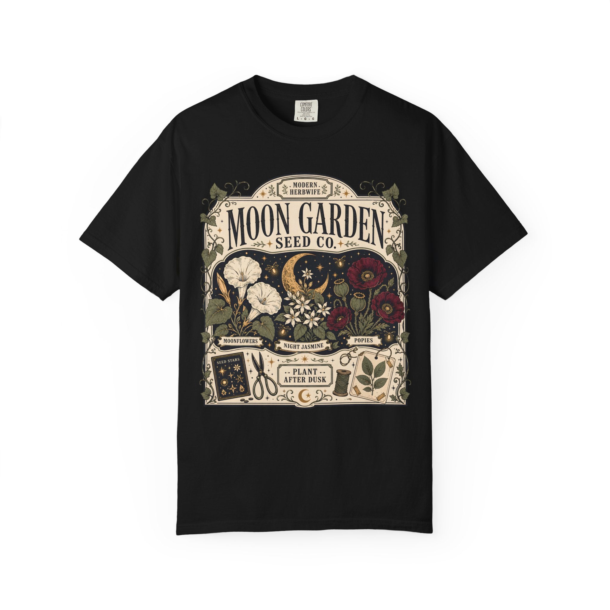 Moon Garden Seed Co T-Shirt - Vintage Botanical Modern Herbwife Shirt - Celestial Cottagecore Floral Tee