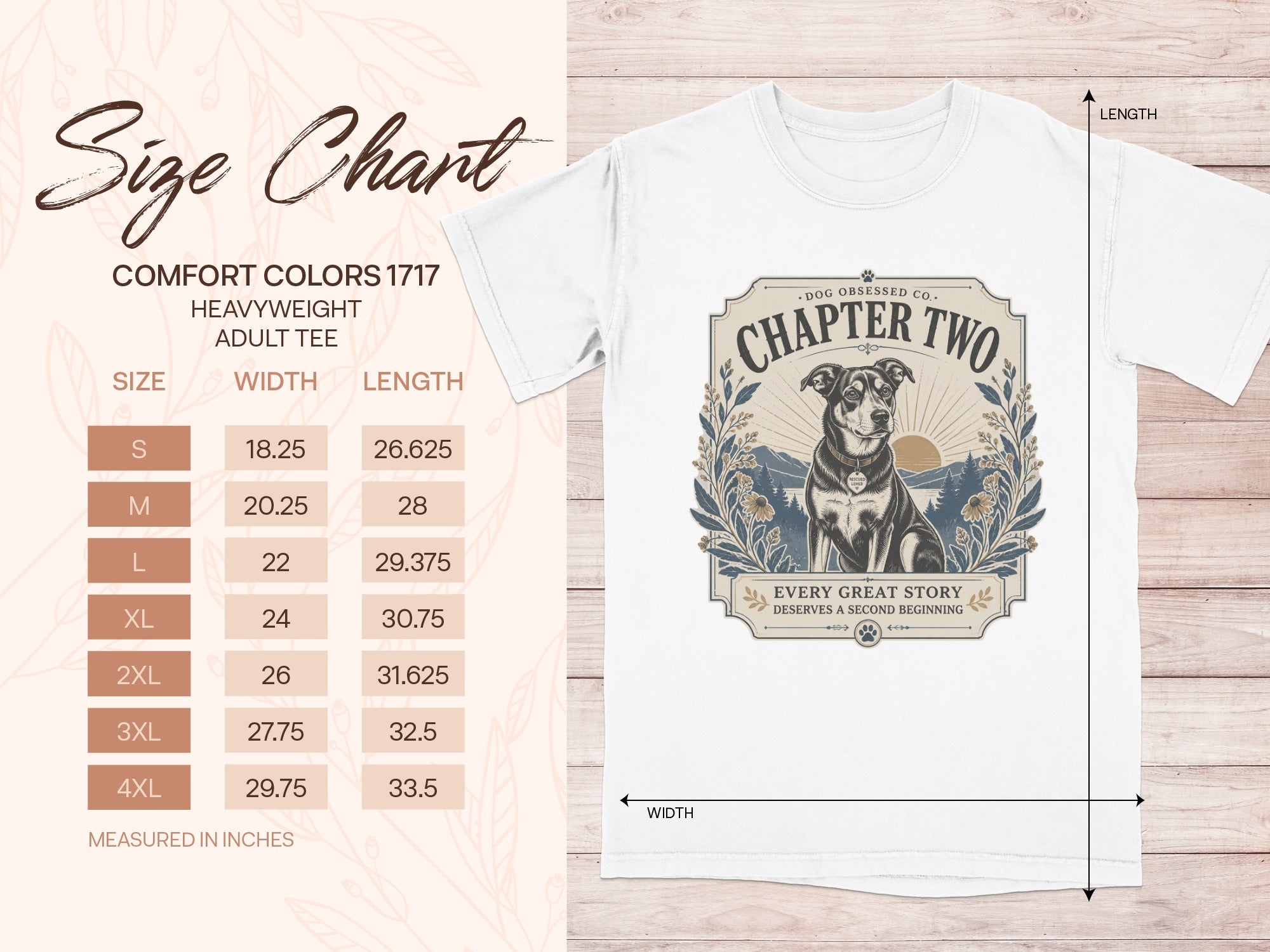 Size chart for Comfort Colors 1717 heavyweight adult tee with dog graphic.