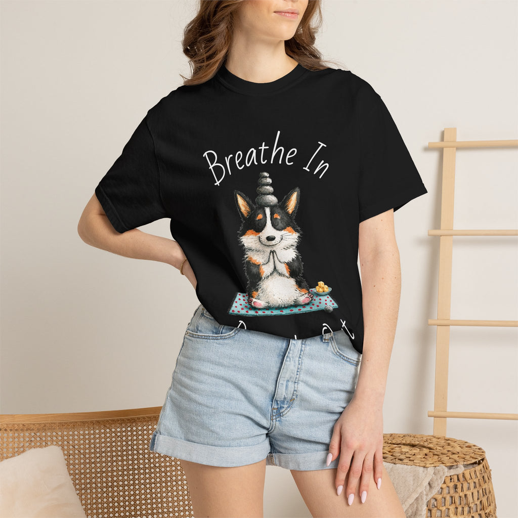 Meditating Corgi T-Shirt — "Breathe In, Breathe Out" Cute Yoga Dog Tee