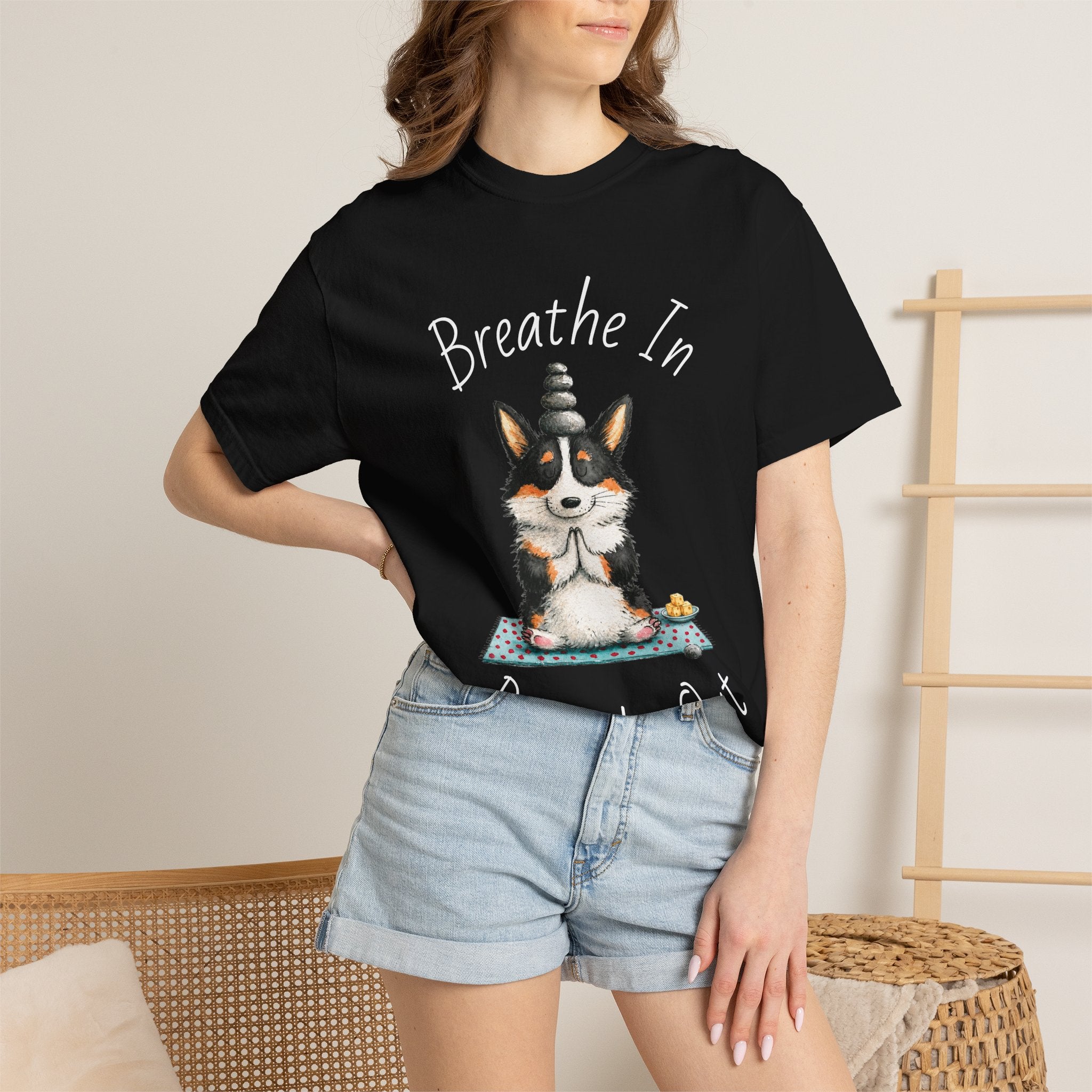 Meditating Corgi T-Shirt — "Breathe In, Breathe Out" Cute Yoga Dog Tee