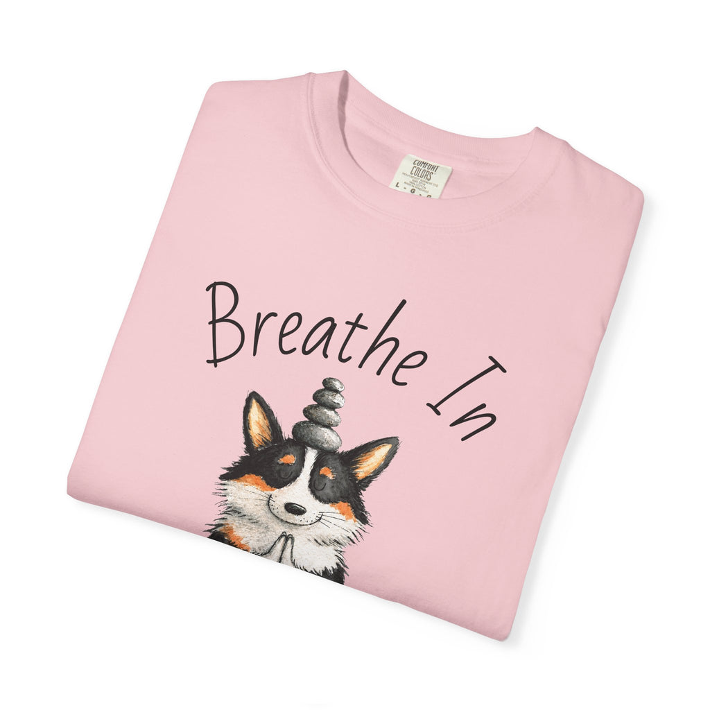 Meditating Corgi T-Shirt — "Breathe In, Breathe Out" Cute Yoga Dog Tee