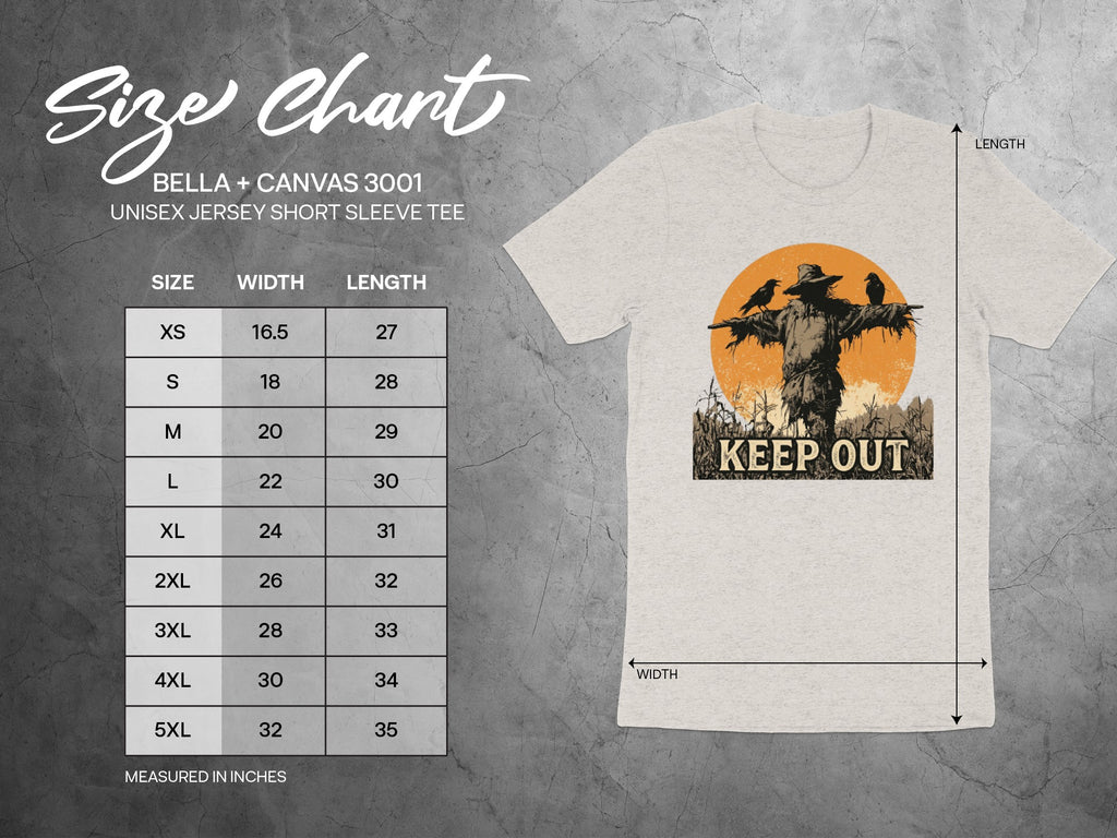 Size chart for Bella + Canvas 3001 unisex t-shirt with scarecrow graphic.