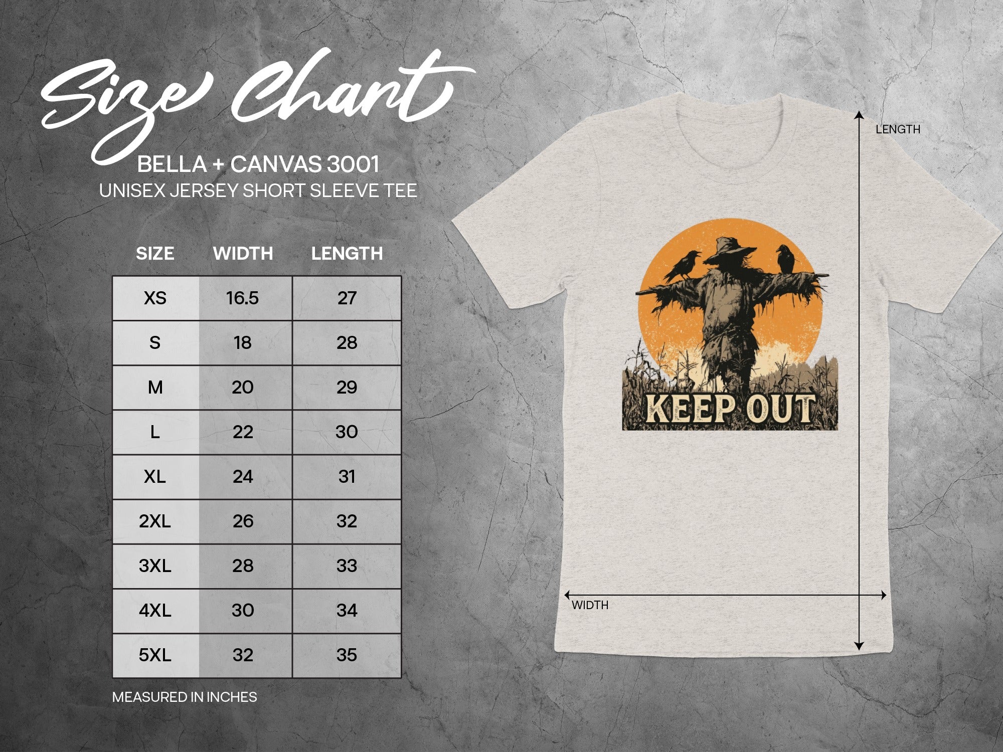 Size chart for Bella + Canvas 3001 unisex t-shirt with scarecrow graphic.