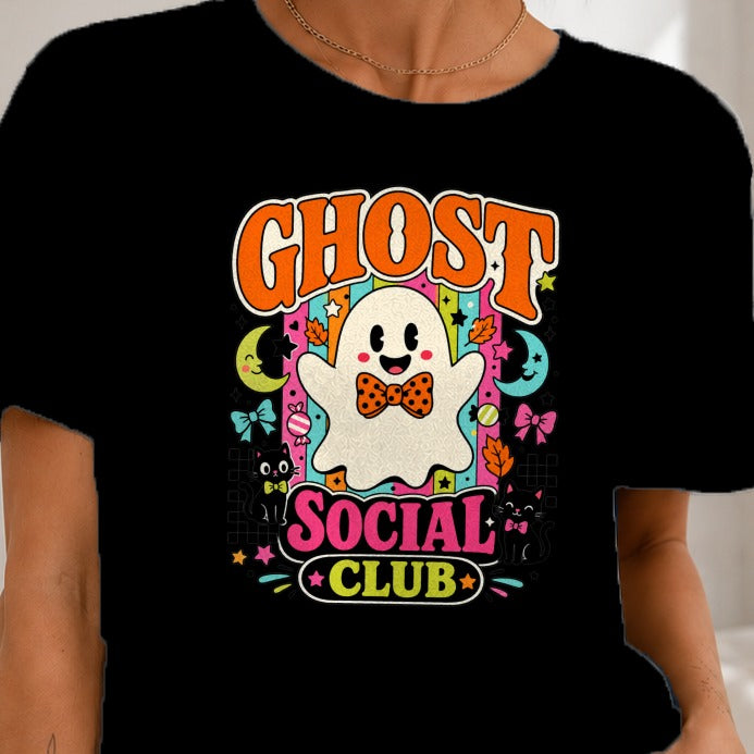 Ghost Social Club Halloween t-shirt with a cute ghost, black cats, moons, and candy.