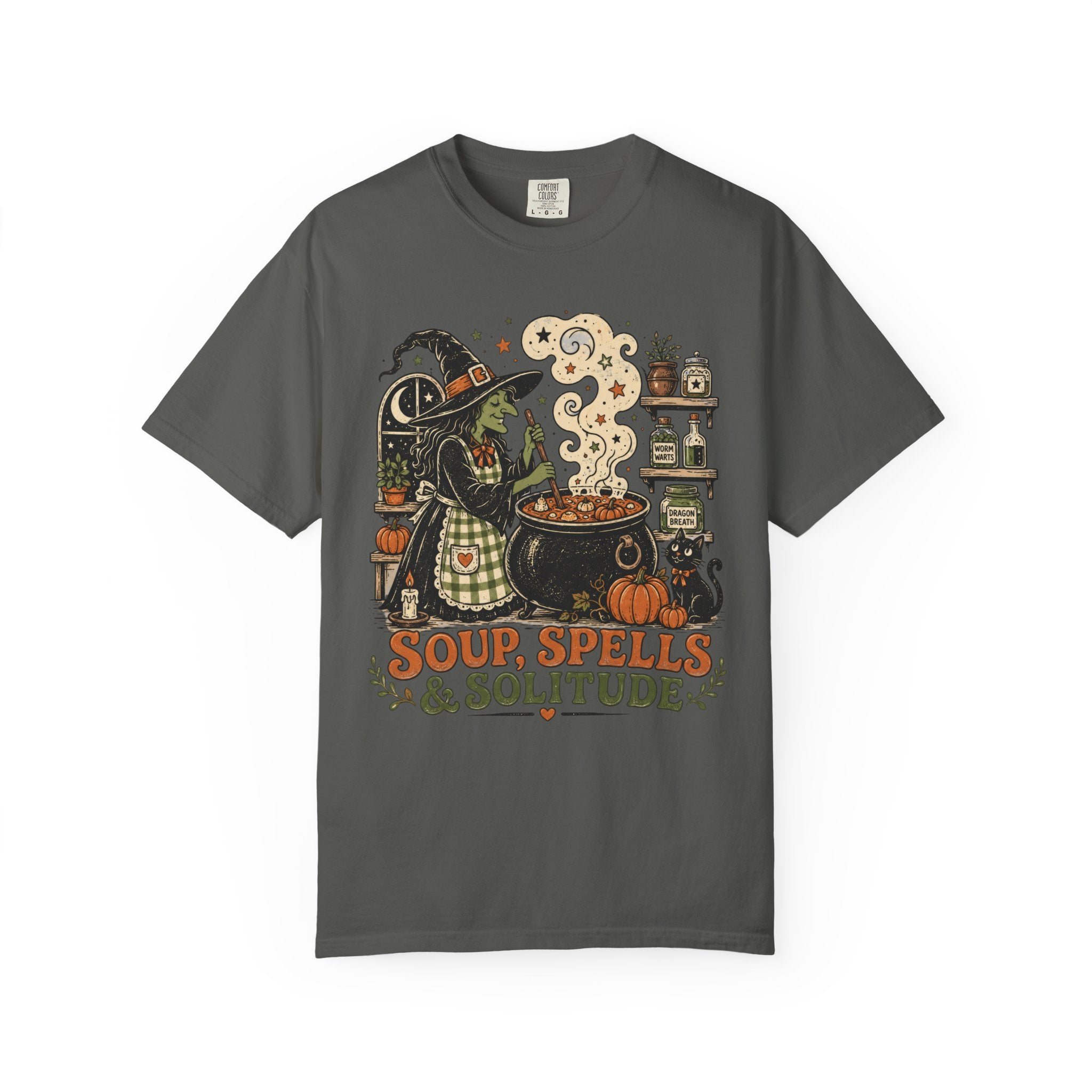 Soup Spells & Solitude Vintage Witch T-Shirt - Cozy Halloween Introvert Tee