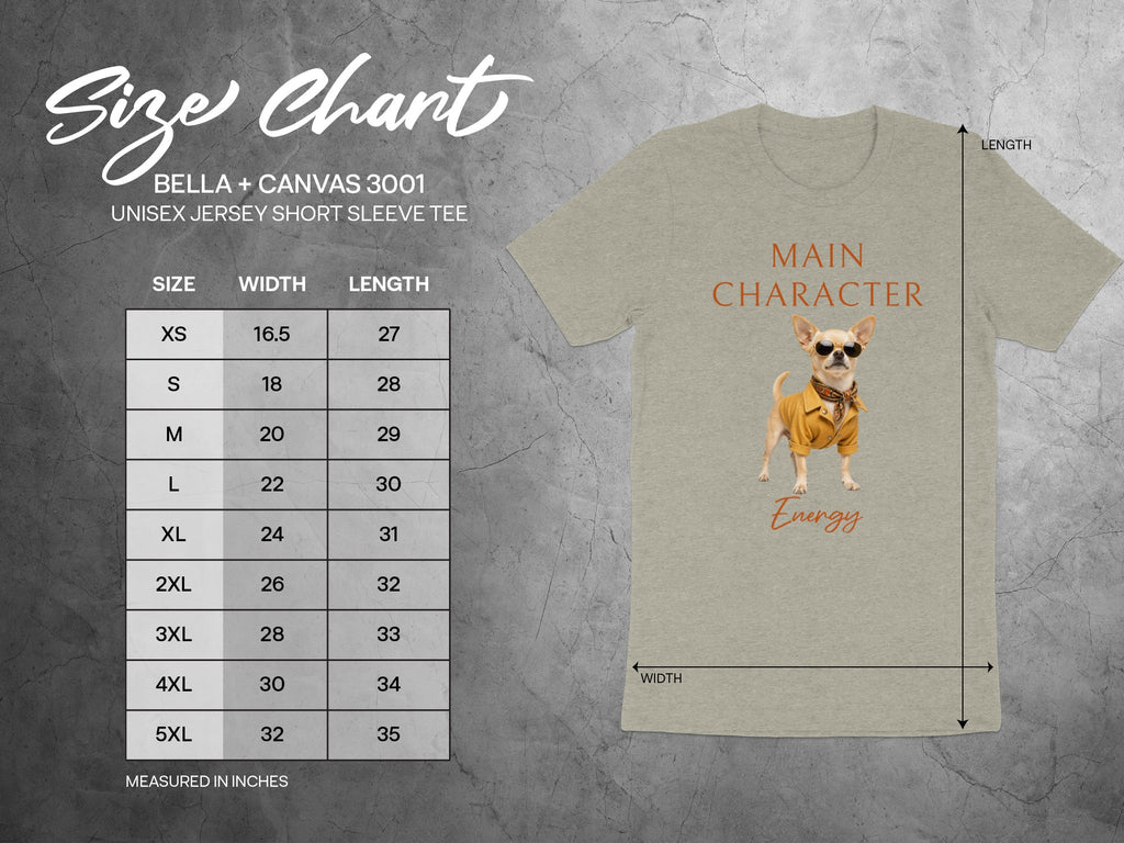 Bella + Canvas 3001 size chart for unisex short sleeve tee with dog graphic.