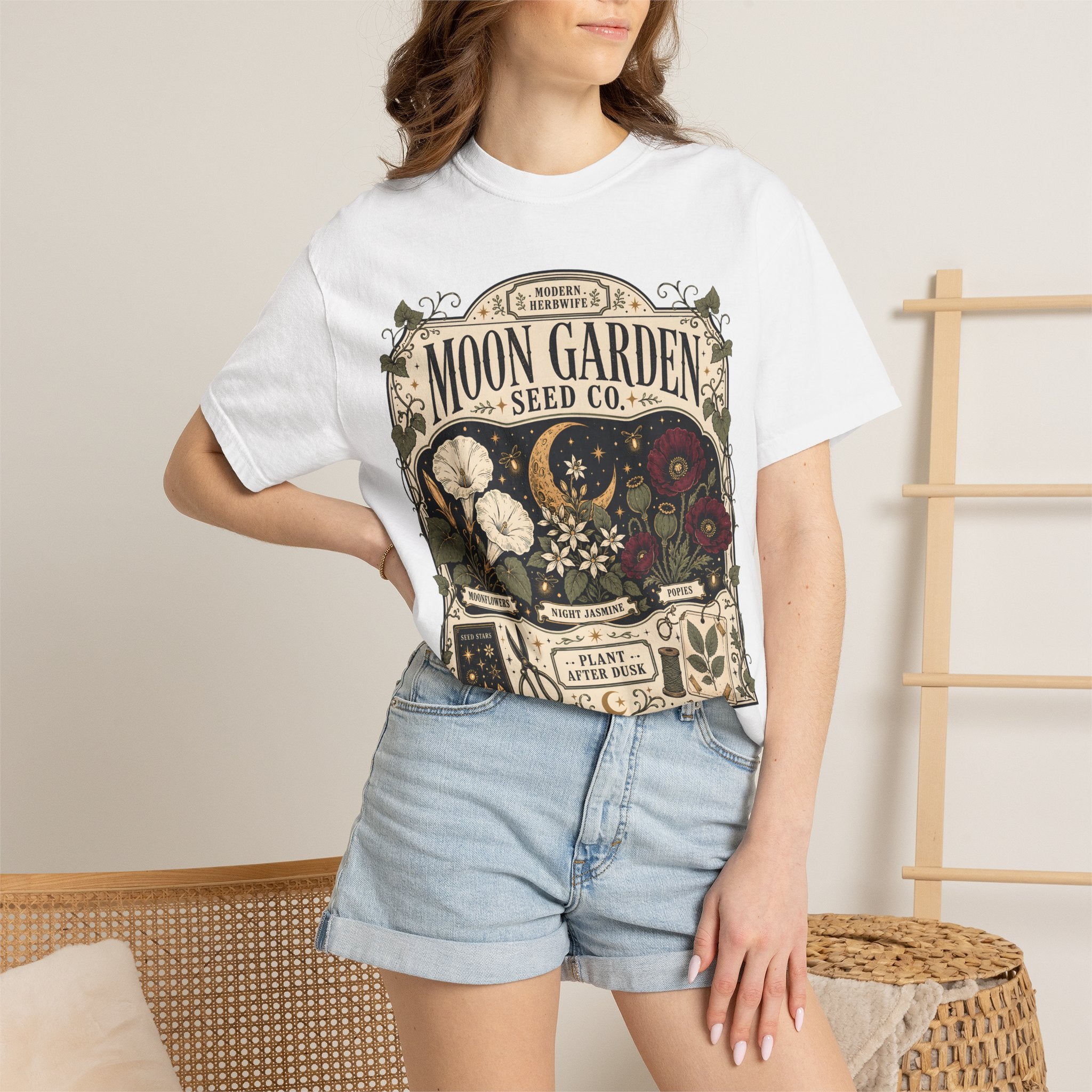 Moon Garden Seed Co T-Shirt - Vintage Botanical Modern Herbwife Shirt - Celestial Cottagecore Floral Tee
