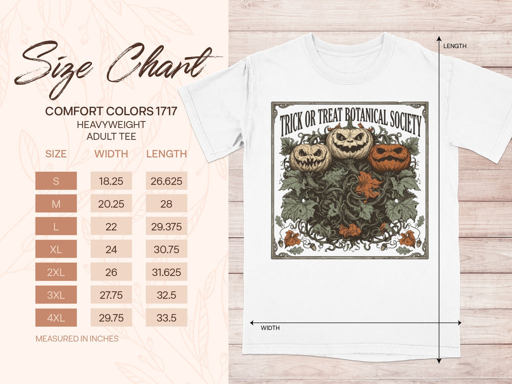 Size chart for a Comfort Colors 1717 heavyweight adult tee with a Halloween pumpkin graphic.
