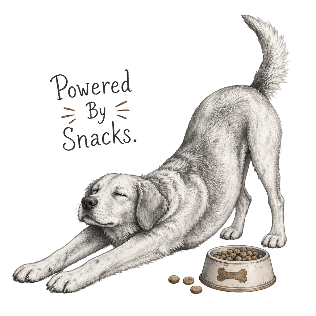 Dog stretching with eyes closed, bowl of kibble, and text "Powered By Snacks."