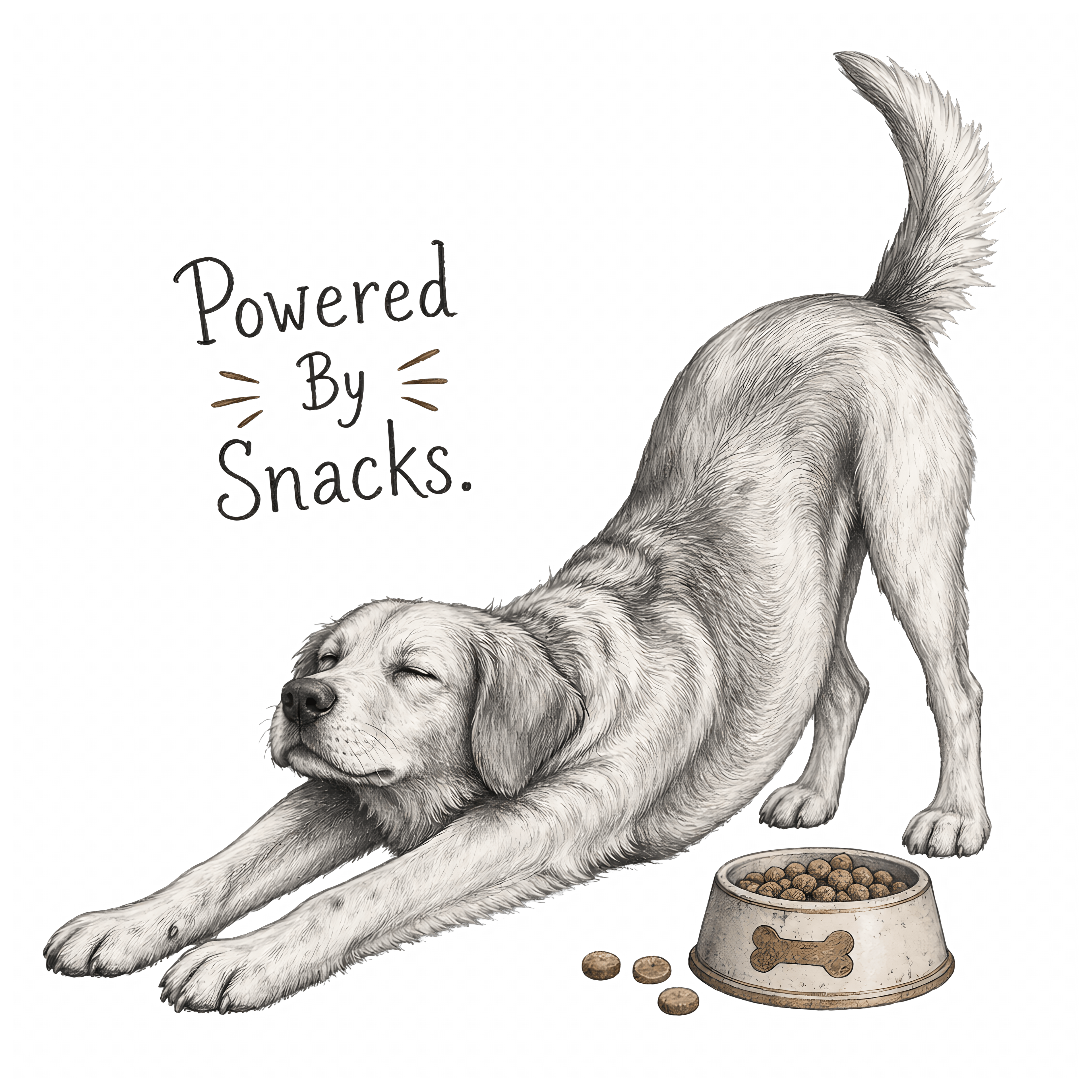 Dog stretching with eyes closed, bowl of kibble, and text "Powered By Snacks."
