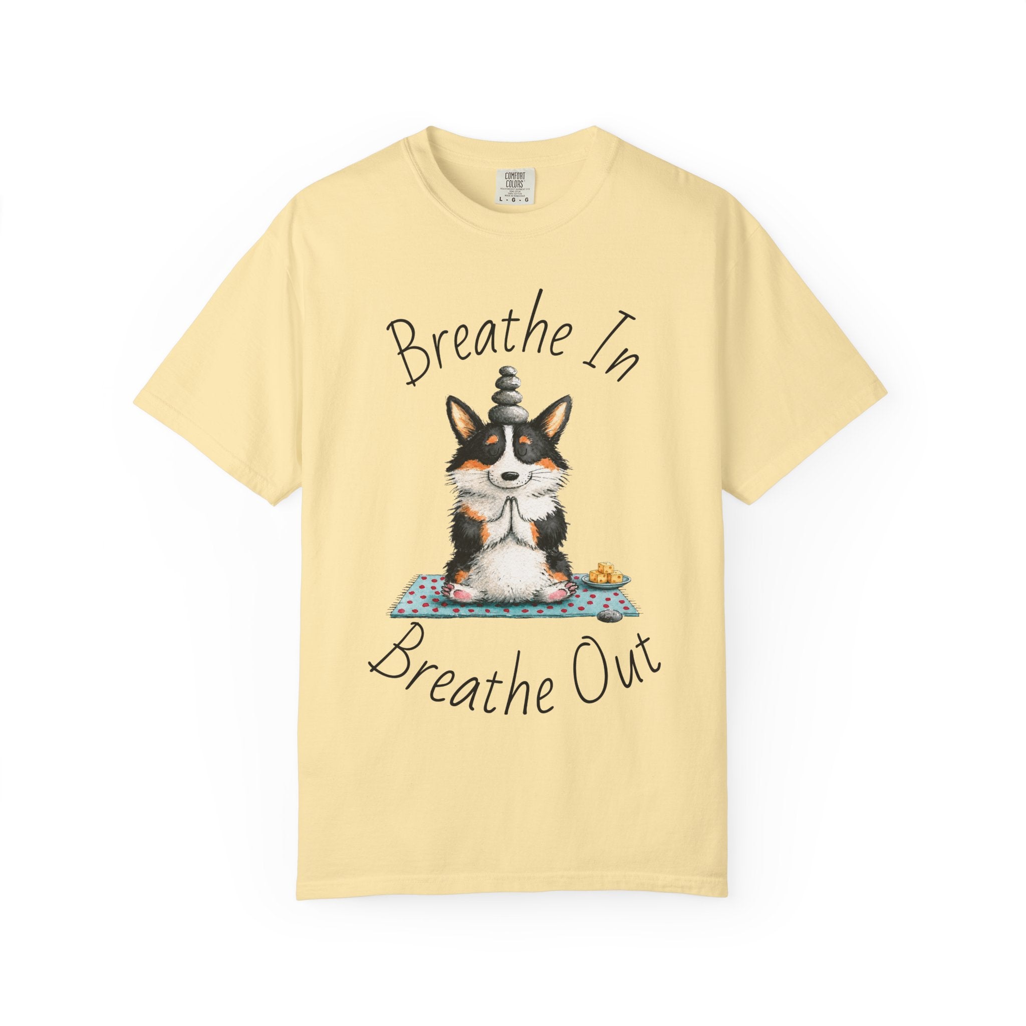 Meditating Corgi T-Shirt — "Breathe In, Breathe Out" Cute Yoga Dog Tee