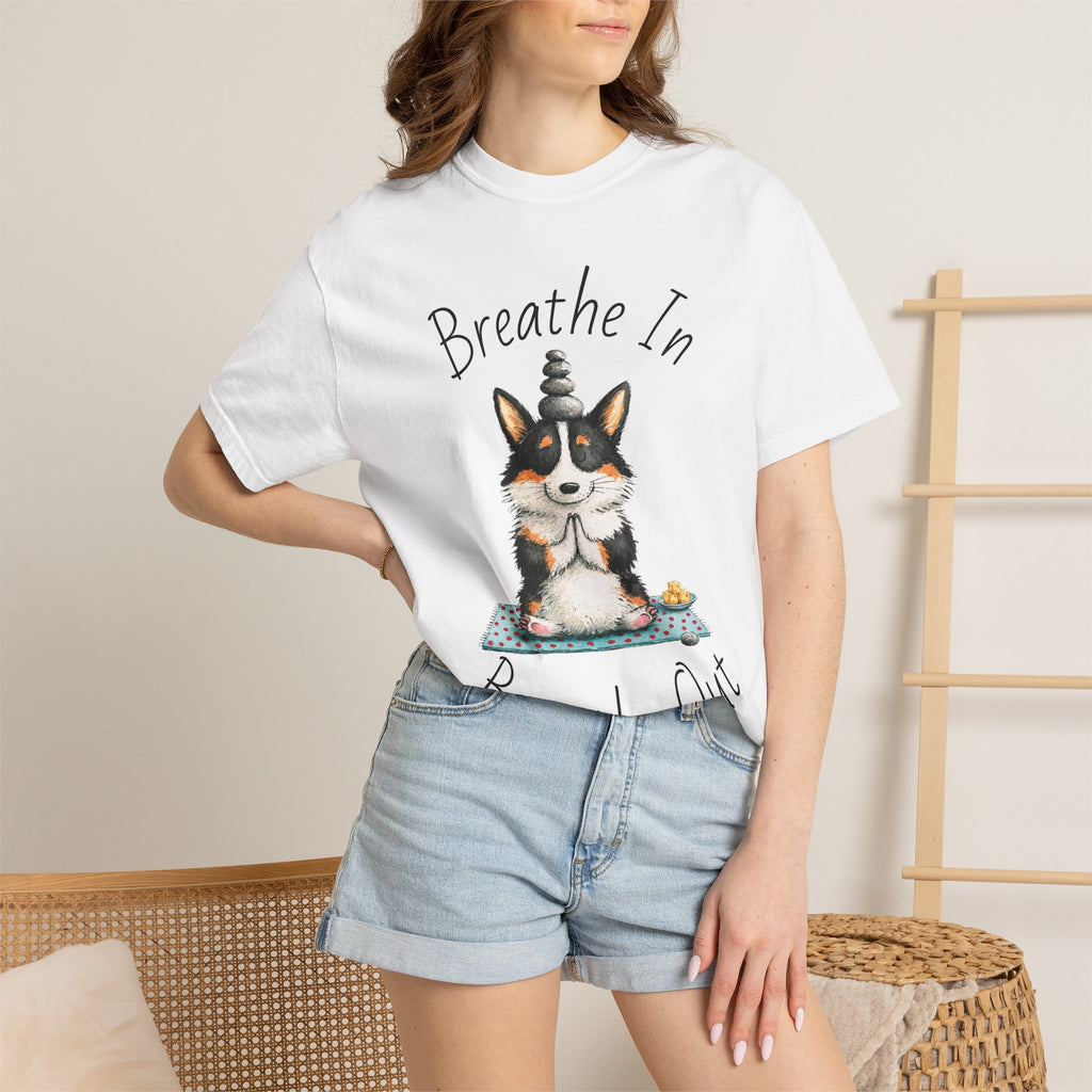Meditating Corgi T-Shirt — "Breathe In, Breathe Out" Cute Yoga Dog Tee