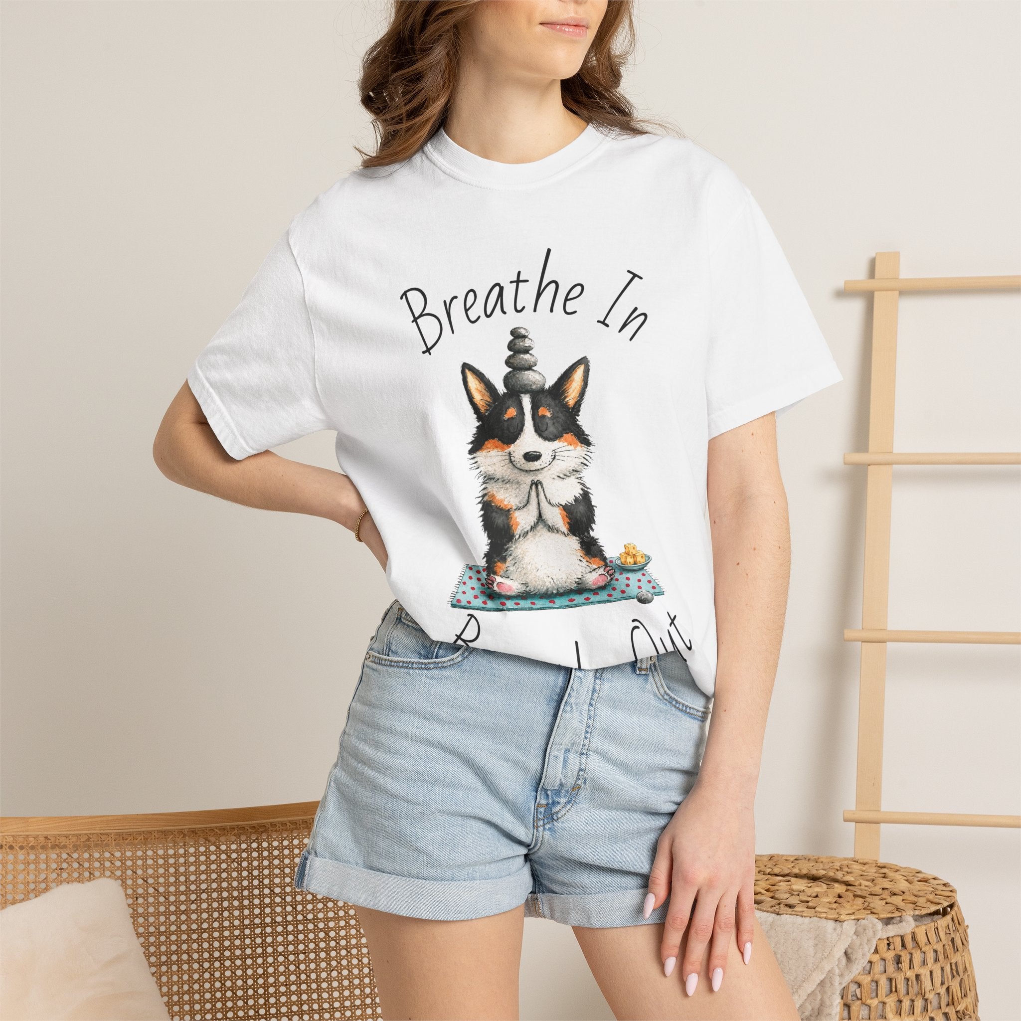 Meditating Corgi T-Shirt — "Breathe In, Breathe Out" Cute Yoga Dog Tee