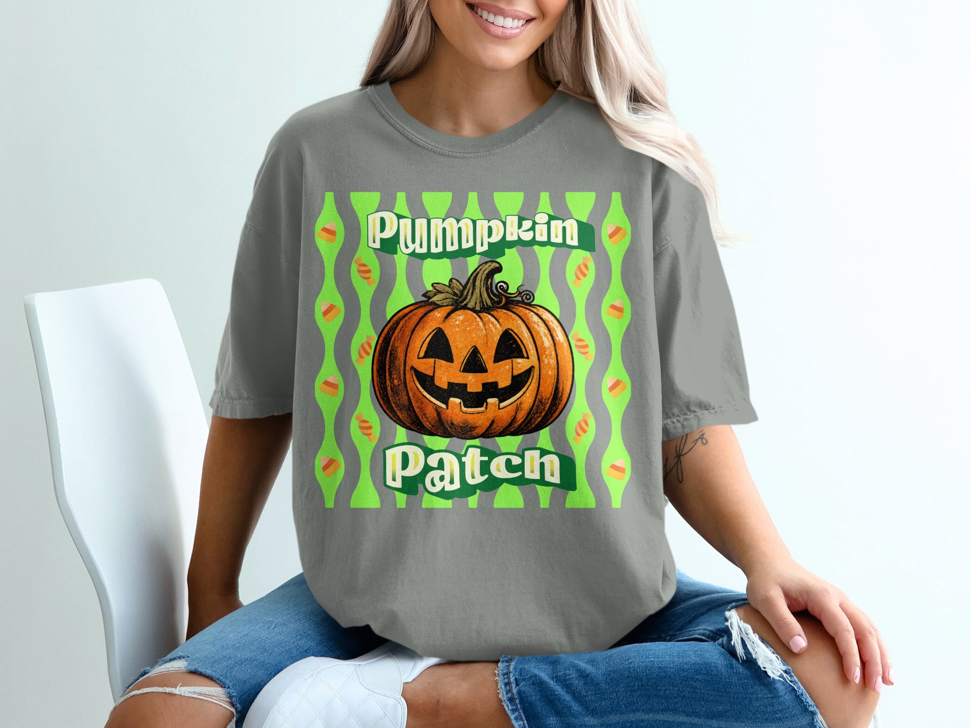 Gray t-shirt with "Pumpkin Patch" text and a jack-o'-lantern graphic.