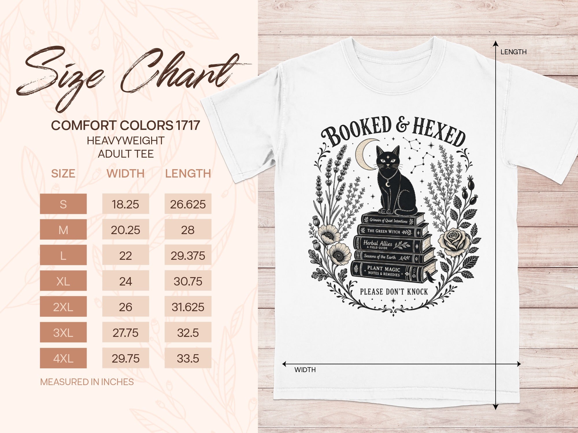 Size chart for Comfort Colors 1717 heavyweight adult tee with black cat design.