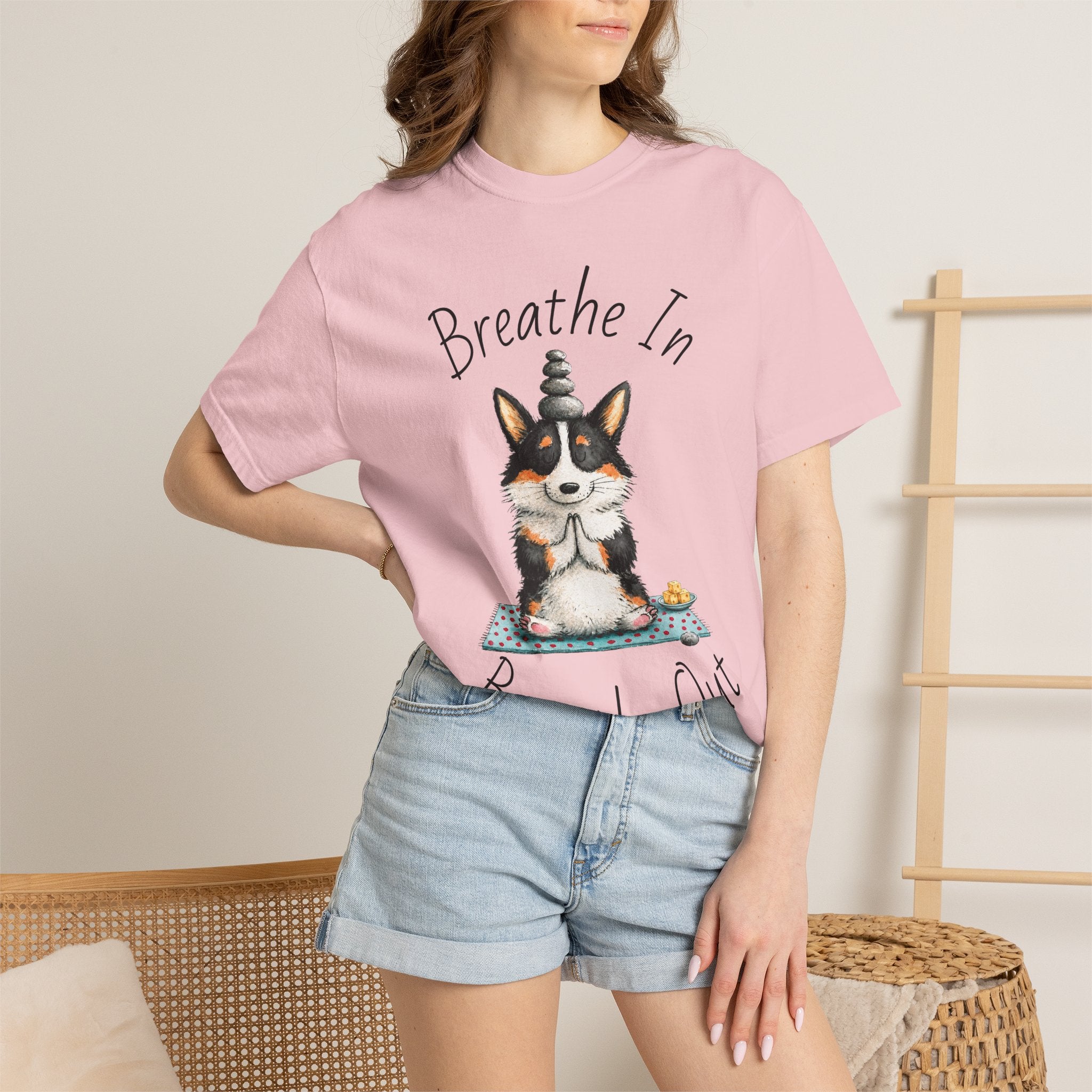 Meditating Corgi T-Shirt — "Breathe In, Breathe Out" Cute Yoga Dog Tee