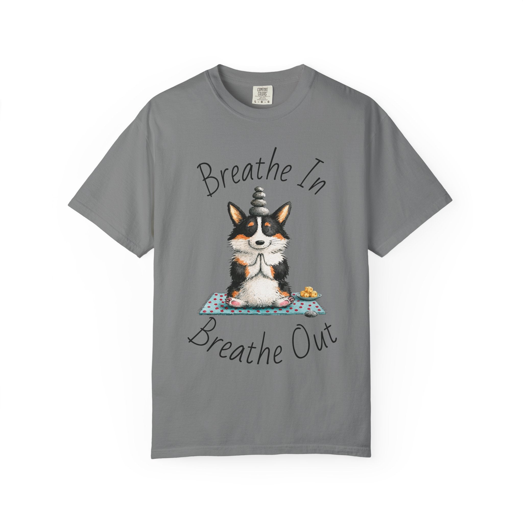 Meditating Corgi T-Shirt — "Breathe In, Breathe Out" Cute Yoga Dog Tee