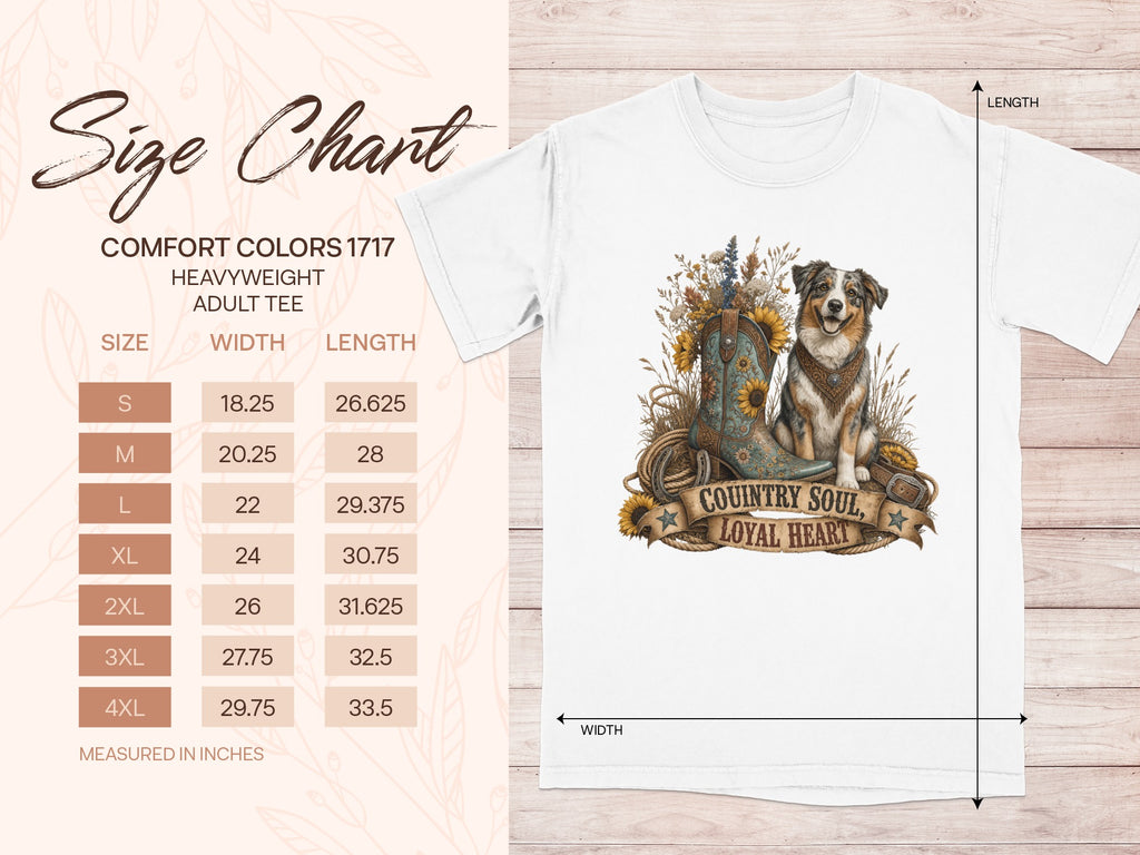Comfort Colors 1717 Heavyweight Adult Tee size chart with graphic of dog, boot, and sunflowers.