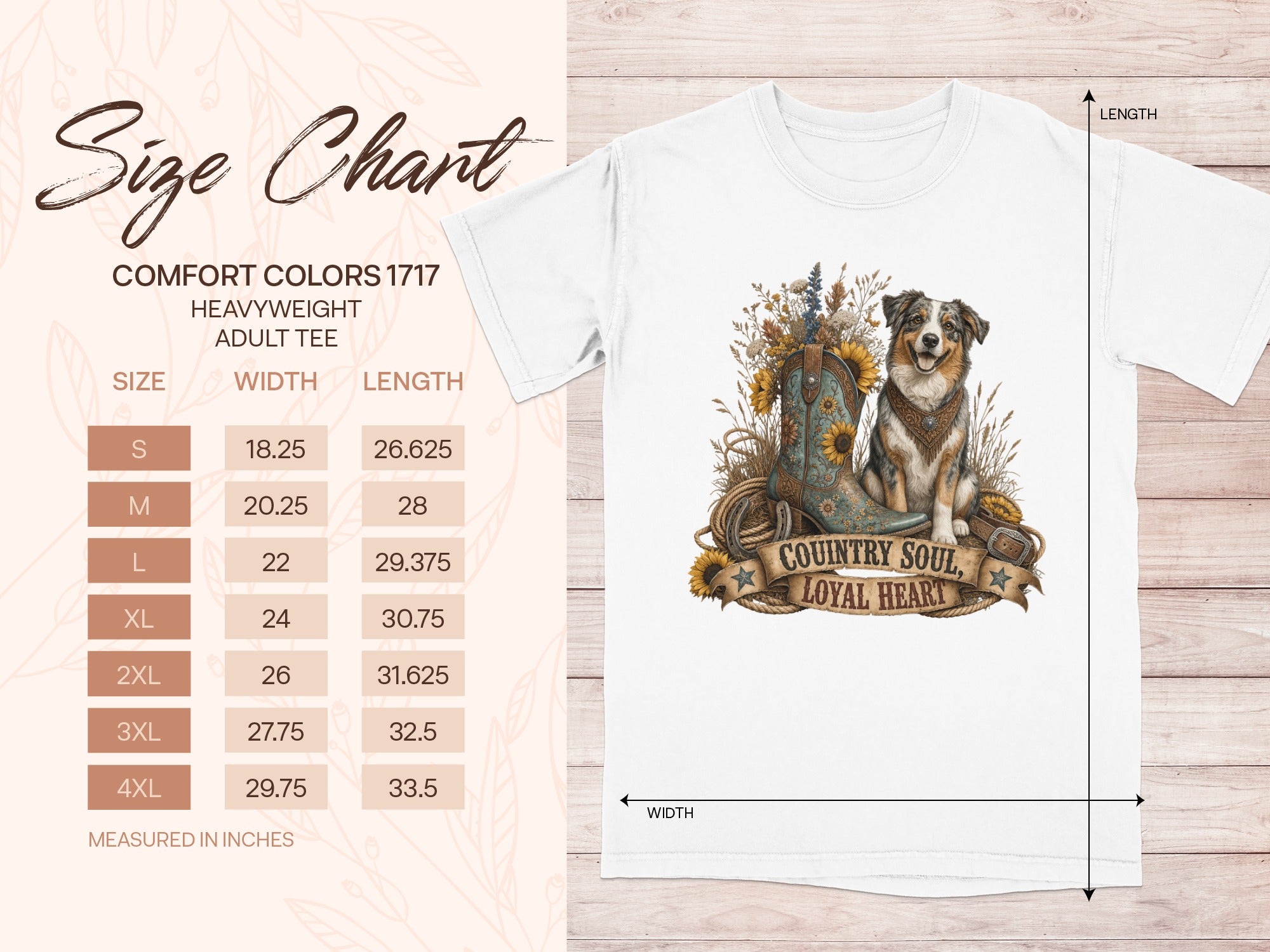 Comfort Colors 1717 Heavyweight Adult Tee size chart with graphic of dog, boot, and sunflowers.