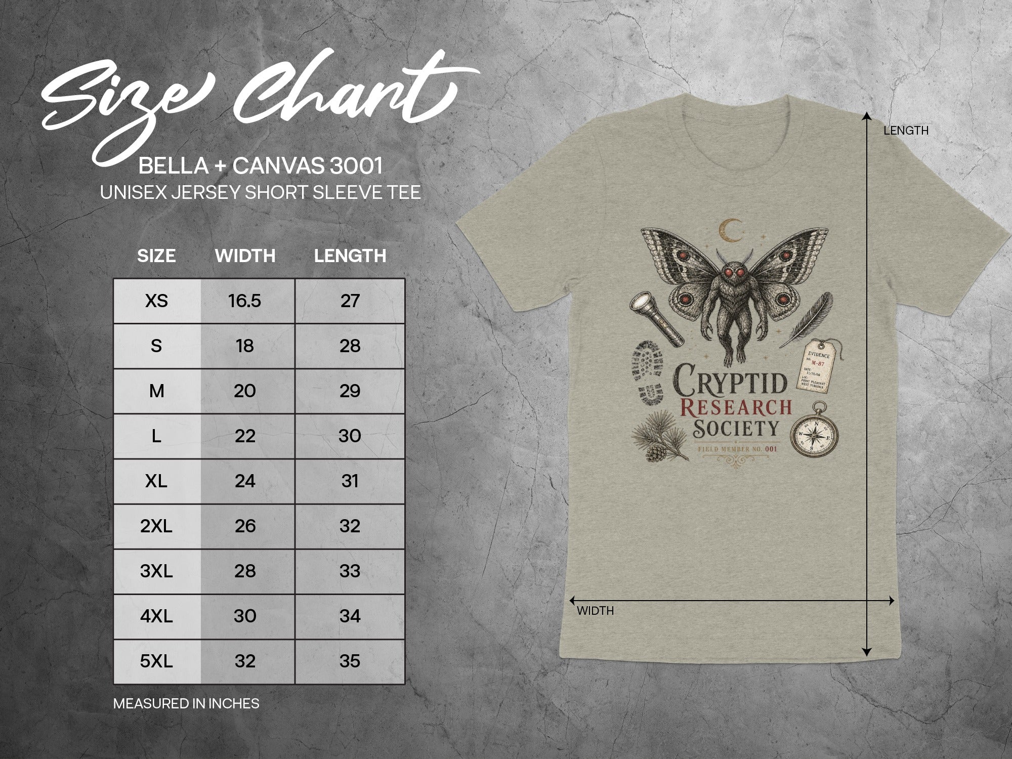 Size chart for Bella + Canvas 3001 unisex tee showing width and length measurements.