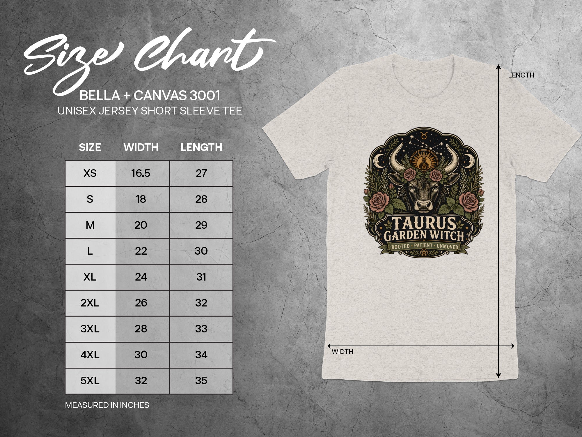 Bella + Canvas 3001 size chart for unisex jersey short sleeve tee with graphic.