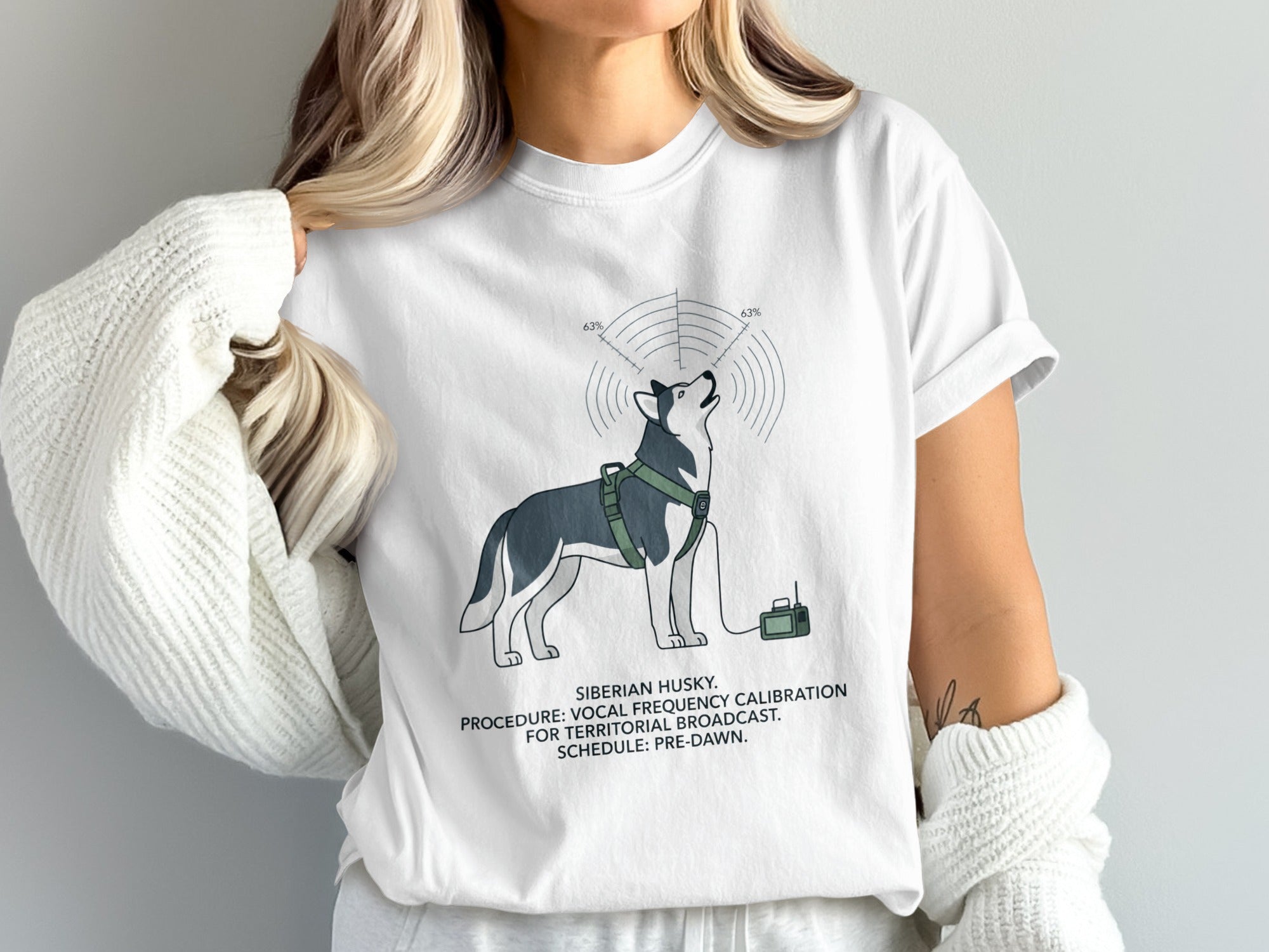 White shirt with Siberian Husky graphic, radio, and calibration text.