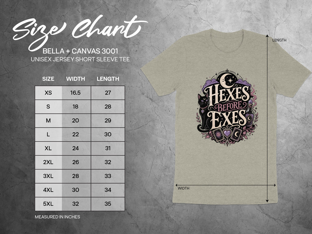 Bella + Canvas 3001 size chart for unisex jersey short sleeve tee.