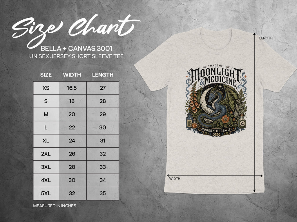 Bella + Canvas 3001 unisex tee size chart with width and length in inches.