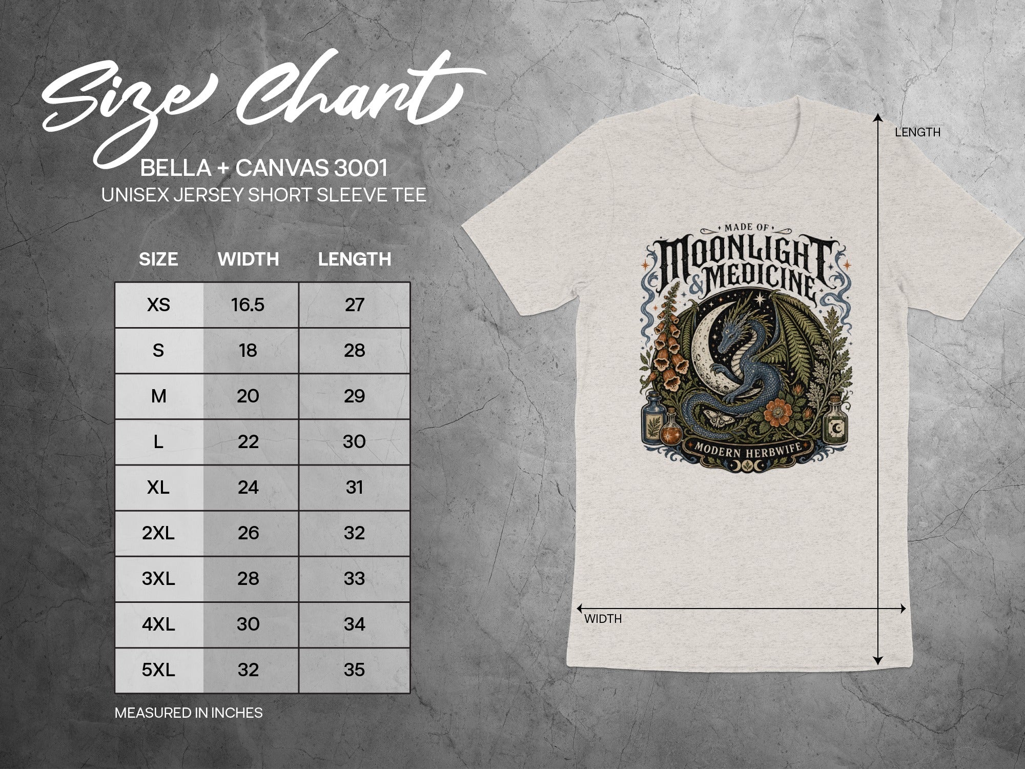 Bella + Canvas 3001 unisex tee size chart with width and length in inches.