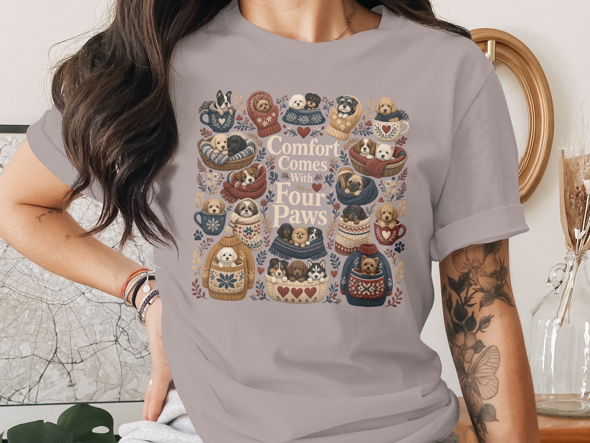 Illustration of puppies in mugs and sweaters with "Comfort Comes With Four Paws" text.