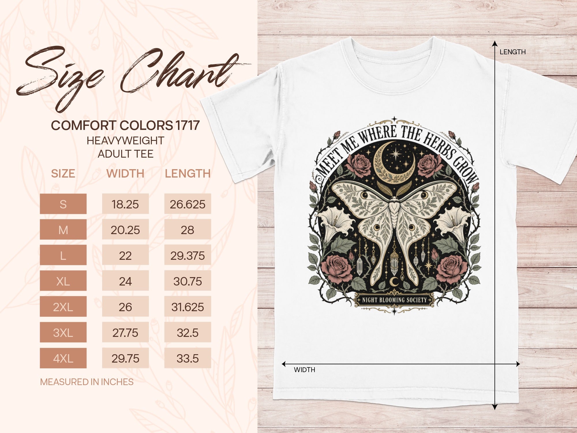 Size chart for Comfort Colors 1717 adult tee, with graphic of moth and flowers.