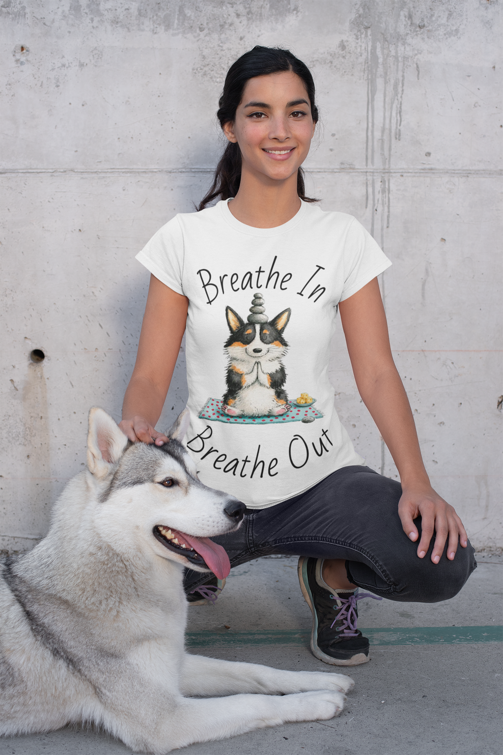Meditating Corgi T-Shirt — "Breathe In, Breathe Out" Cute Yoga Dog Tee