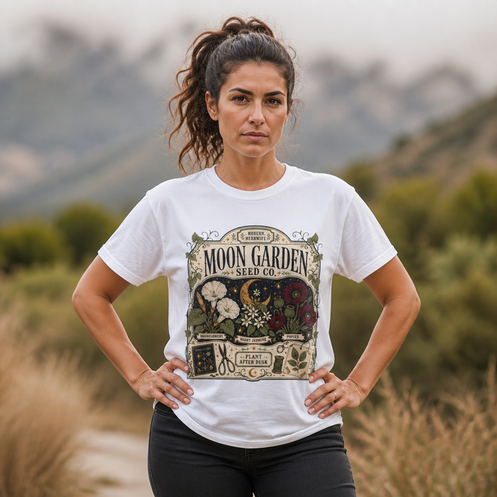 Moon Garden Seed Co T-Shirt - Vintage Botanical Modern Herbwife Shirt - Celestial Cottagecore Floral Tee