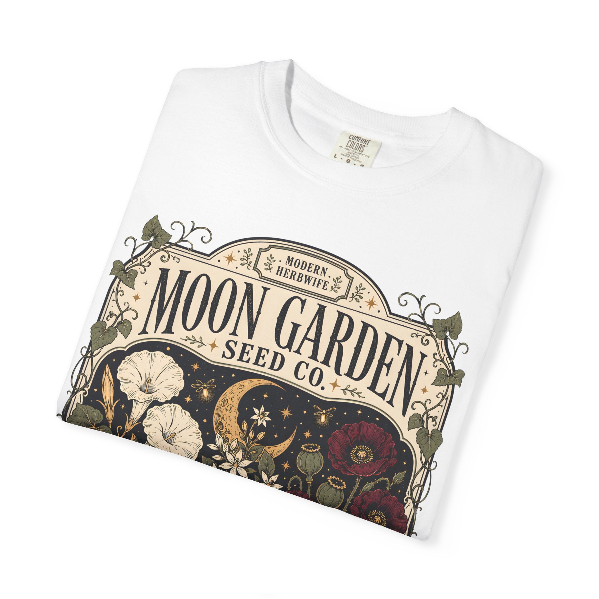 Moon Garden Seed Co T-Shirt - Vintage Botanical Modern Herbwife Shirt - Celestial Cottagecore Floral Tee