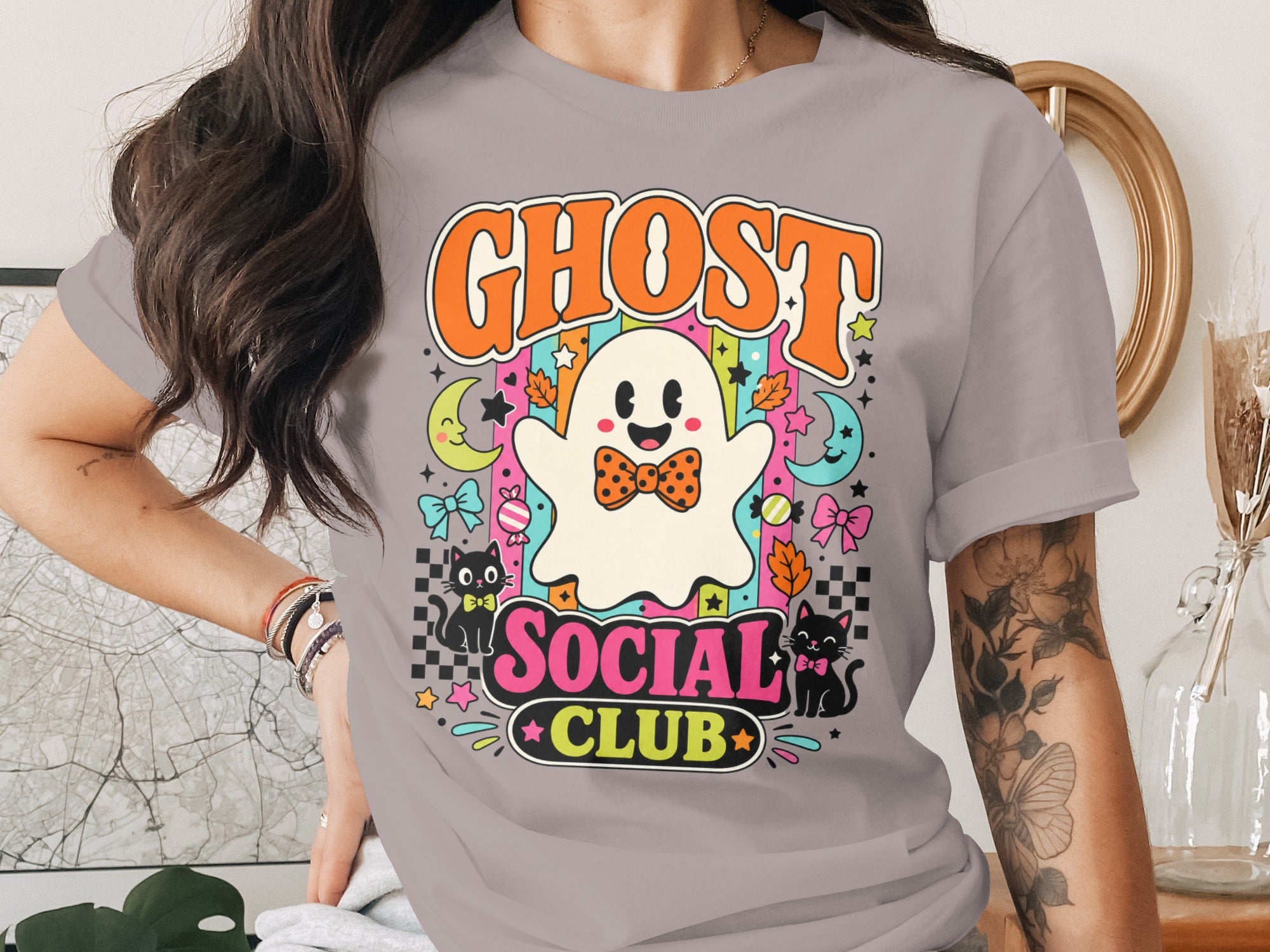 Ghost Social Club graphic with retro design elements on a gray t-shirt.
