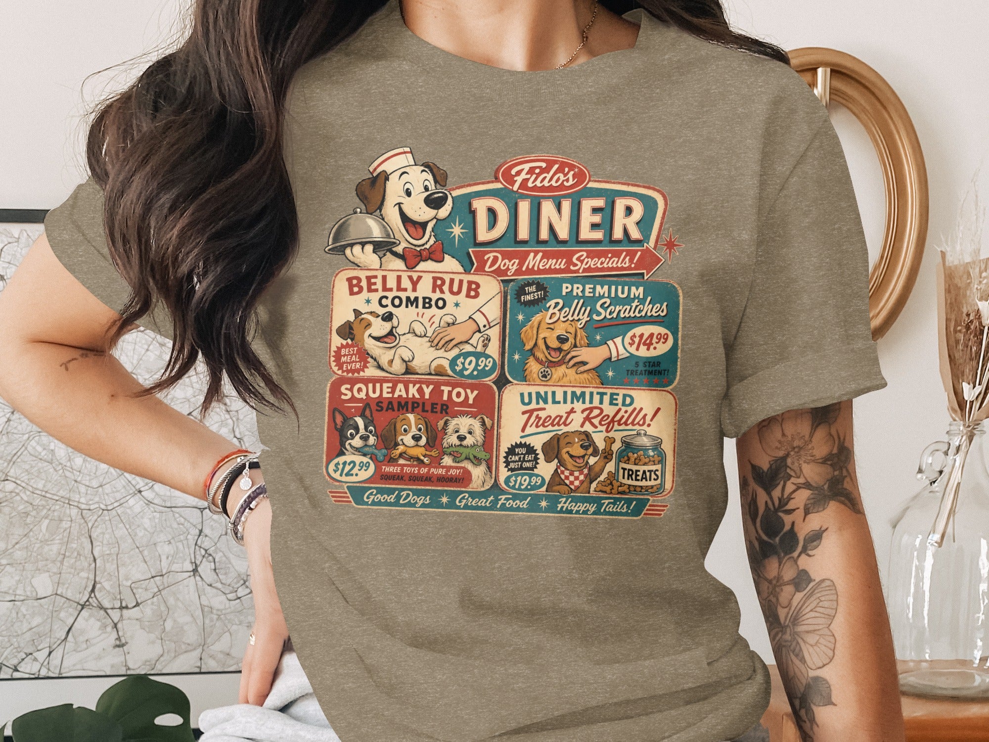 Fido's Diner dog menu specials with belly rub, belly scratches, toy sampler, and treat refills.