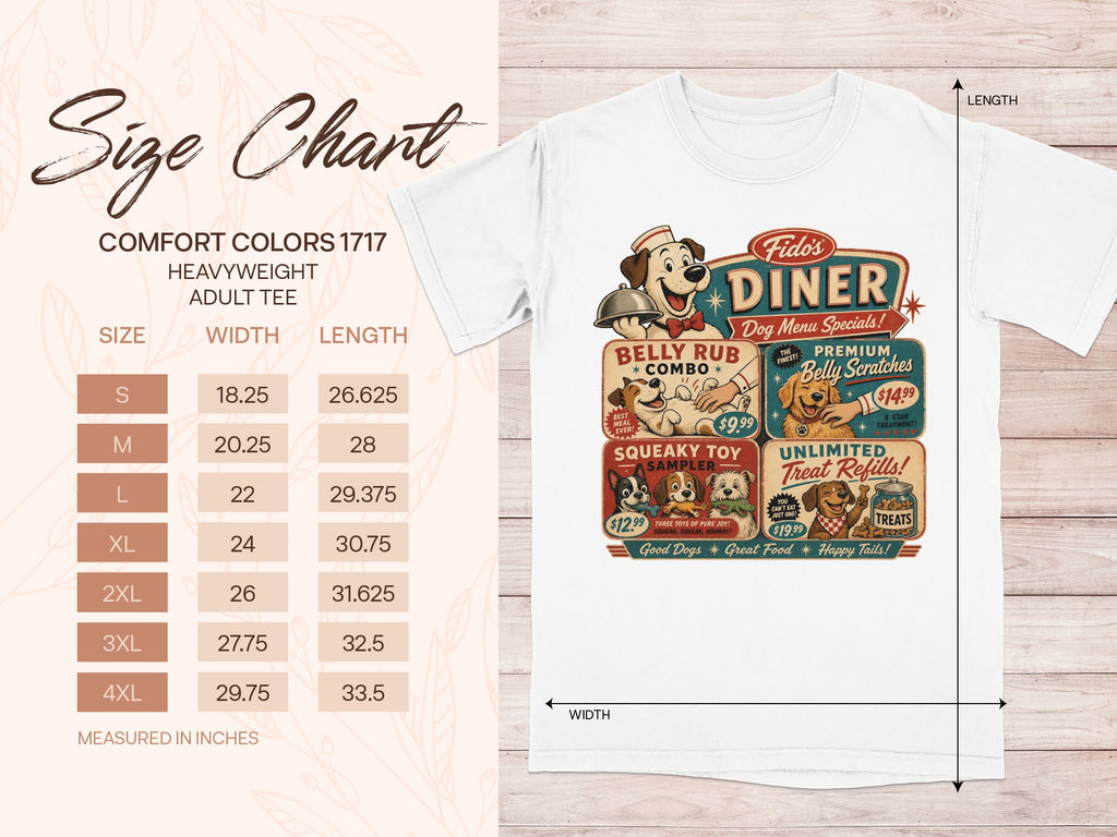 Comfort Colors 1717 adult tee size chart with dog diner graphic.