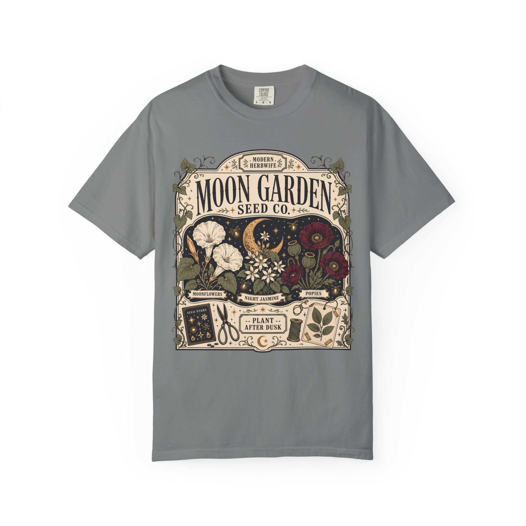 Moon Garden Seed Co T-Shirt - Vintage Botanical Modern Herbwife Shirt - Celestial Cottagecore Floral Tee