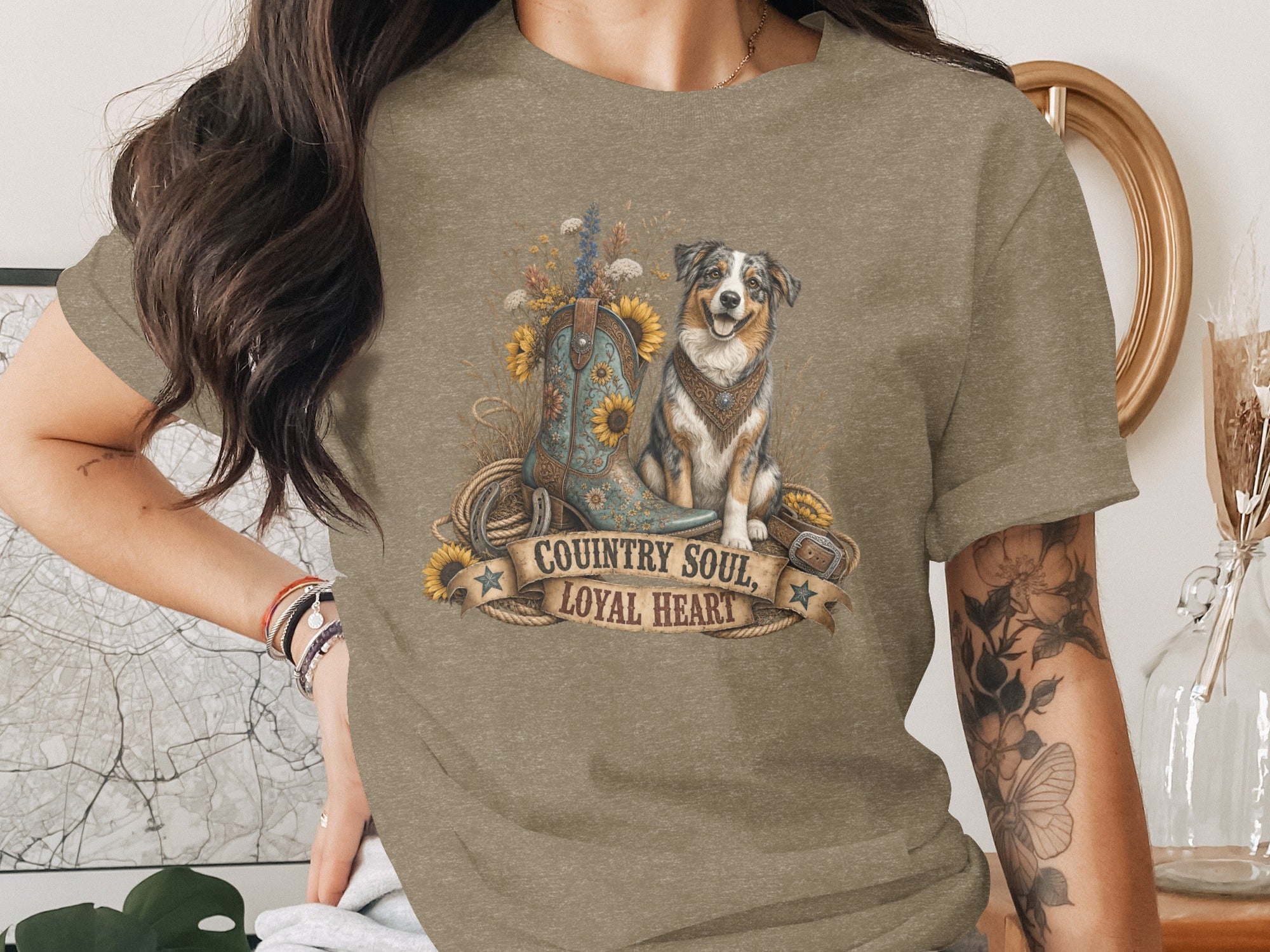 Country Soul, Loyal Heart t-shirt with dog, cowboy boot, sunflowers, and rope design.