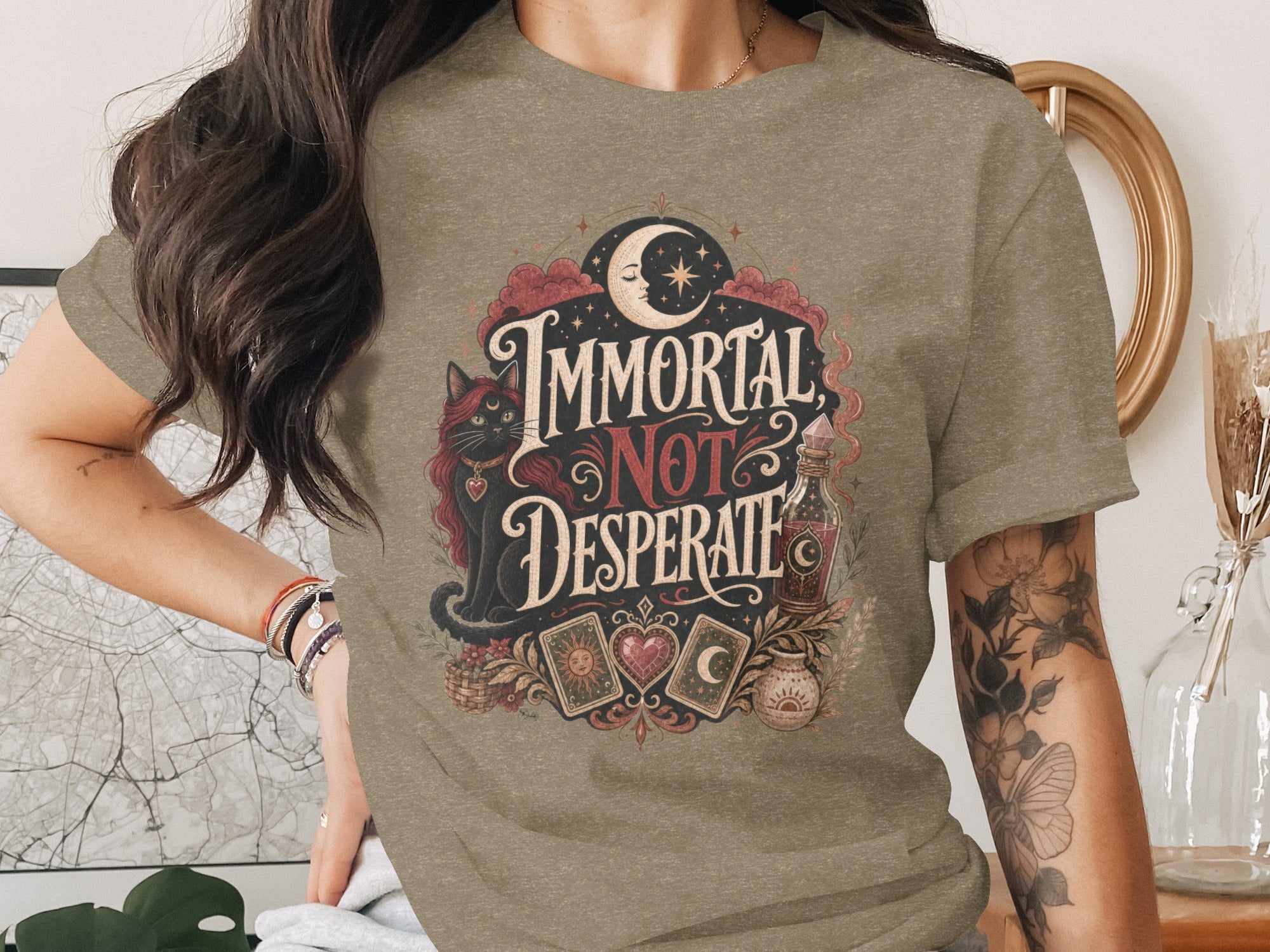 T-shirt with "Immortal Not Desperate" text, black cat, moon, and tarot cards.
