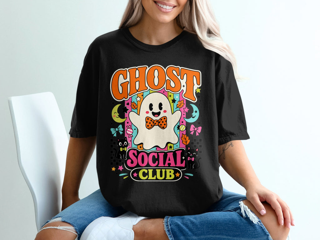 Black t-shirt with "GHOST SOCIAL CLUB" text and a kawaii ghost design.