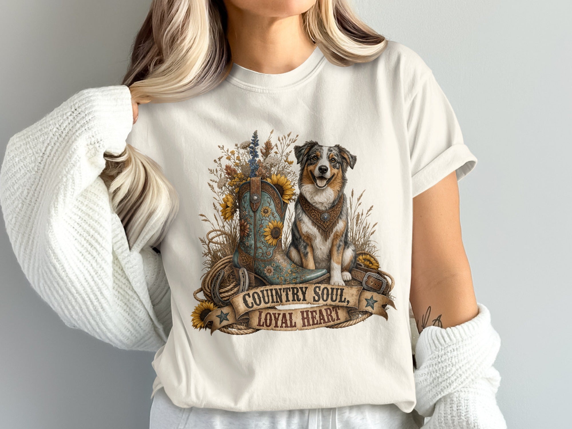White t-shirt with a blue cowboy boot, sunflowers, rope, and text "Country Soul, Loyal Heart".