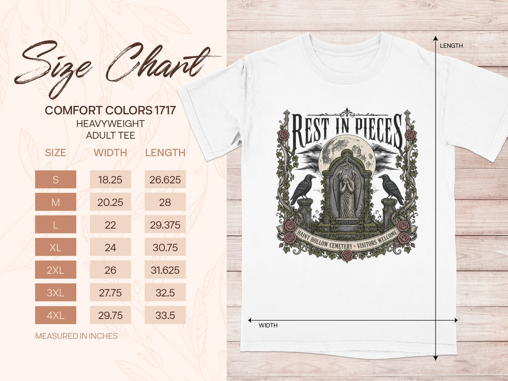 Comfort Colors 1717 size chart for adult heavyweight tee, measured in inches.