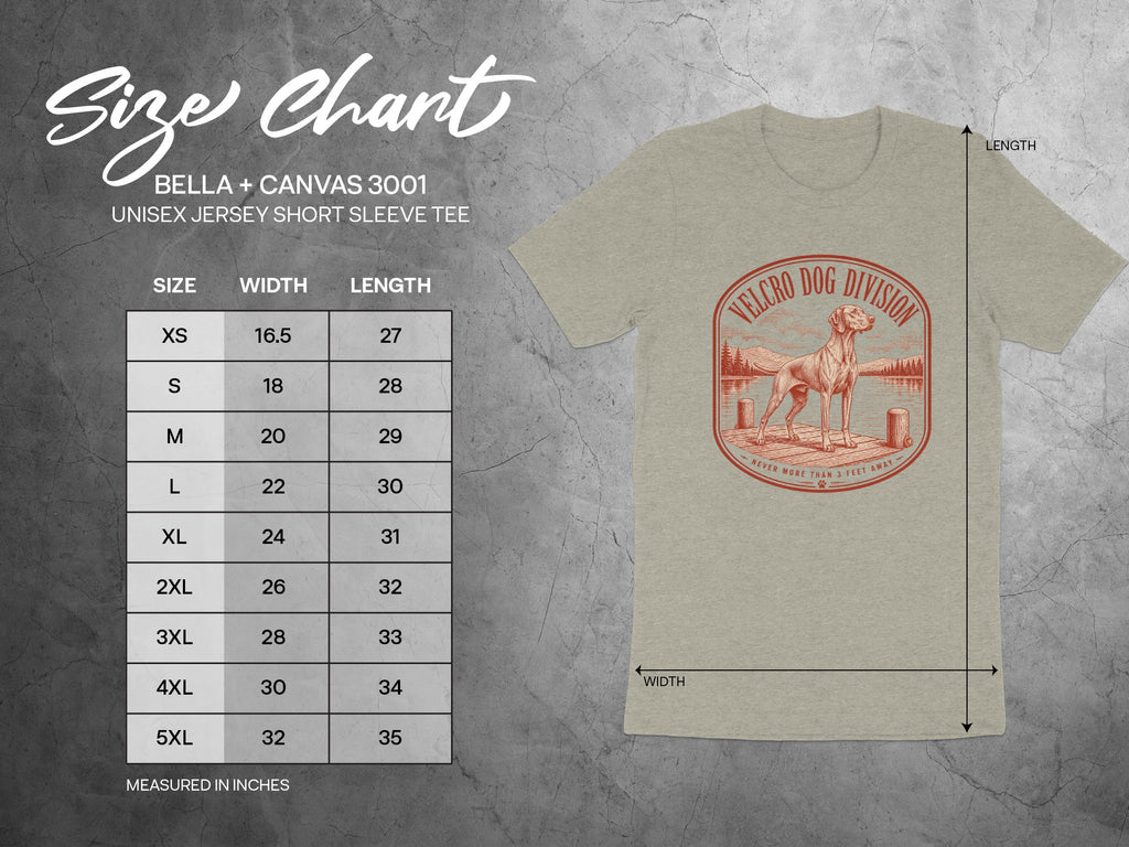 Bella + Canvas 3001 unisex short sleeve tee size chart with width and length measurements in inches.