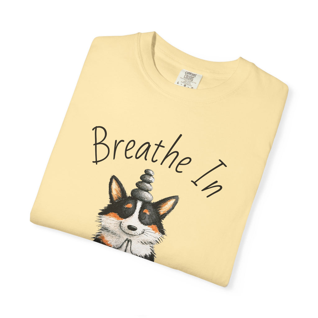 Meditating Corgi T-Shirt — "Breathe In, Breathe Out" Cute Yoga Dog Tee