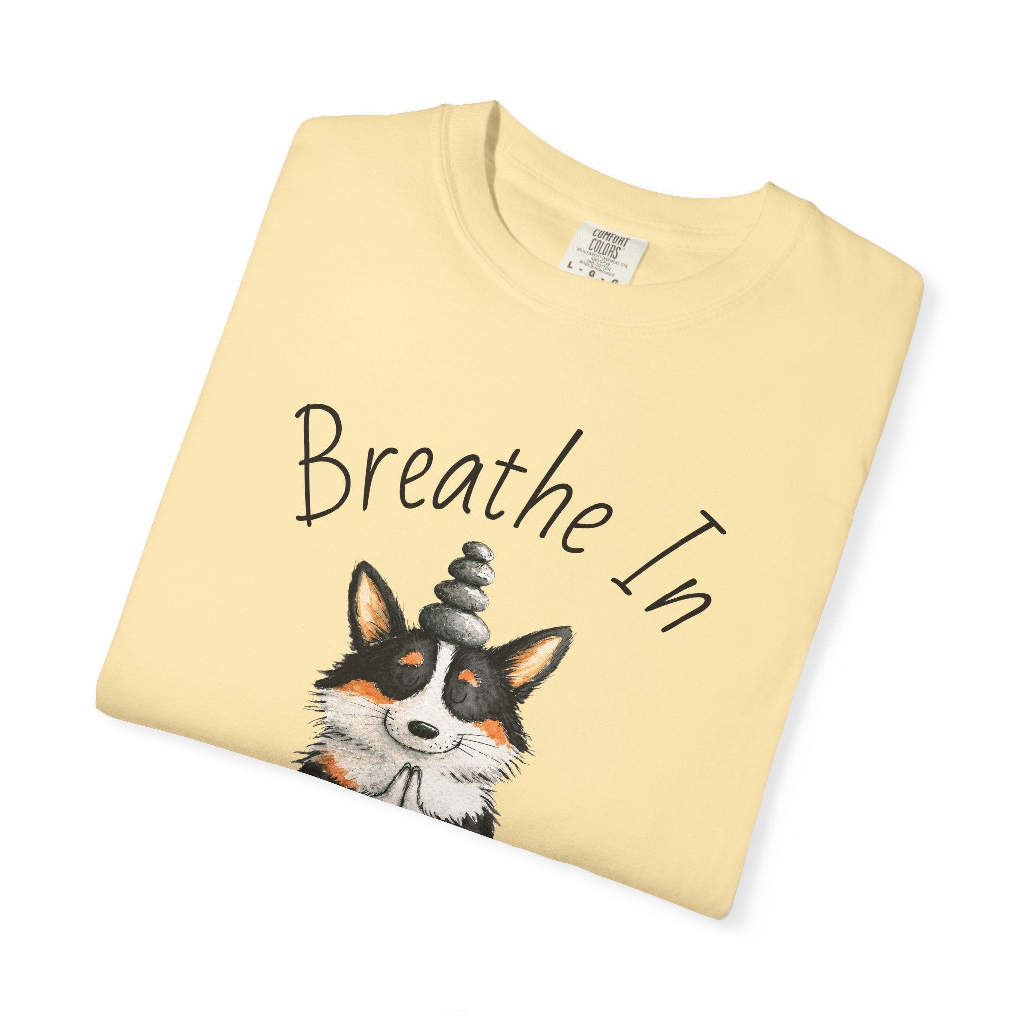 Meditating Corgi T-Shirt — "Breathe In, Breathe Out" Cute Yoga Dog Tee