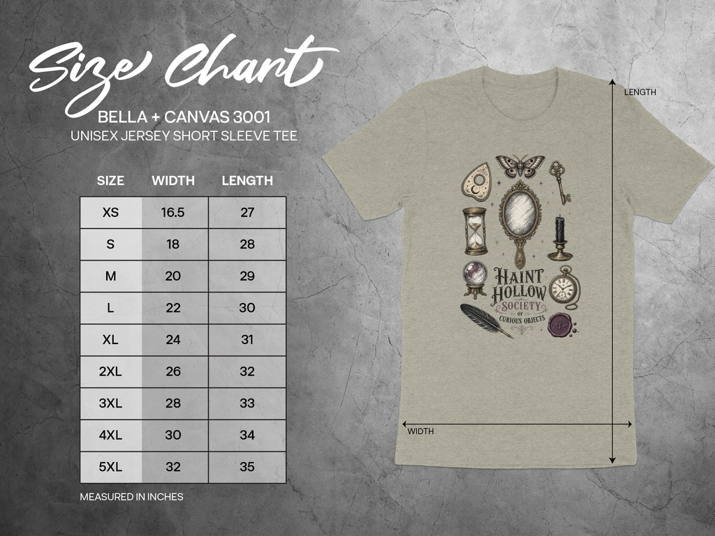Bella + Canvas 3001 size chart for Unisex Jersey Short Sleeve Tee sizes XS-5XL.
