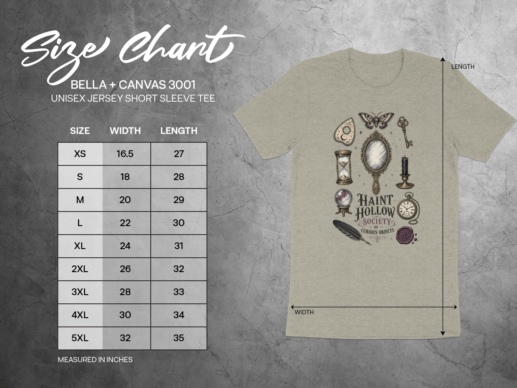 Bella + Canvas 3001 size chart for Unisex Jersey Short Sleeve Tee sizes XS-5XL.