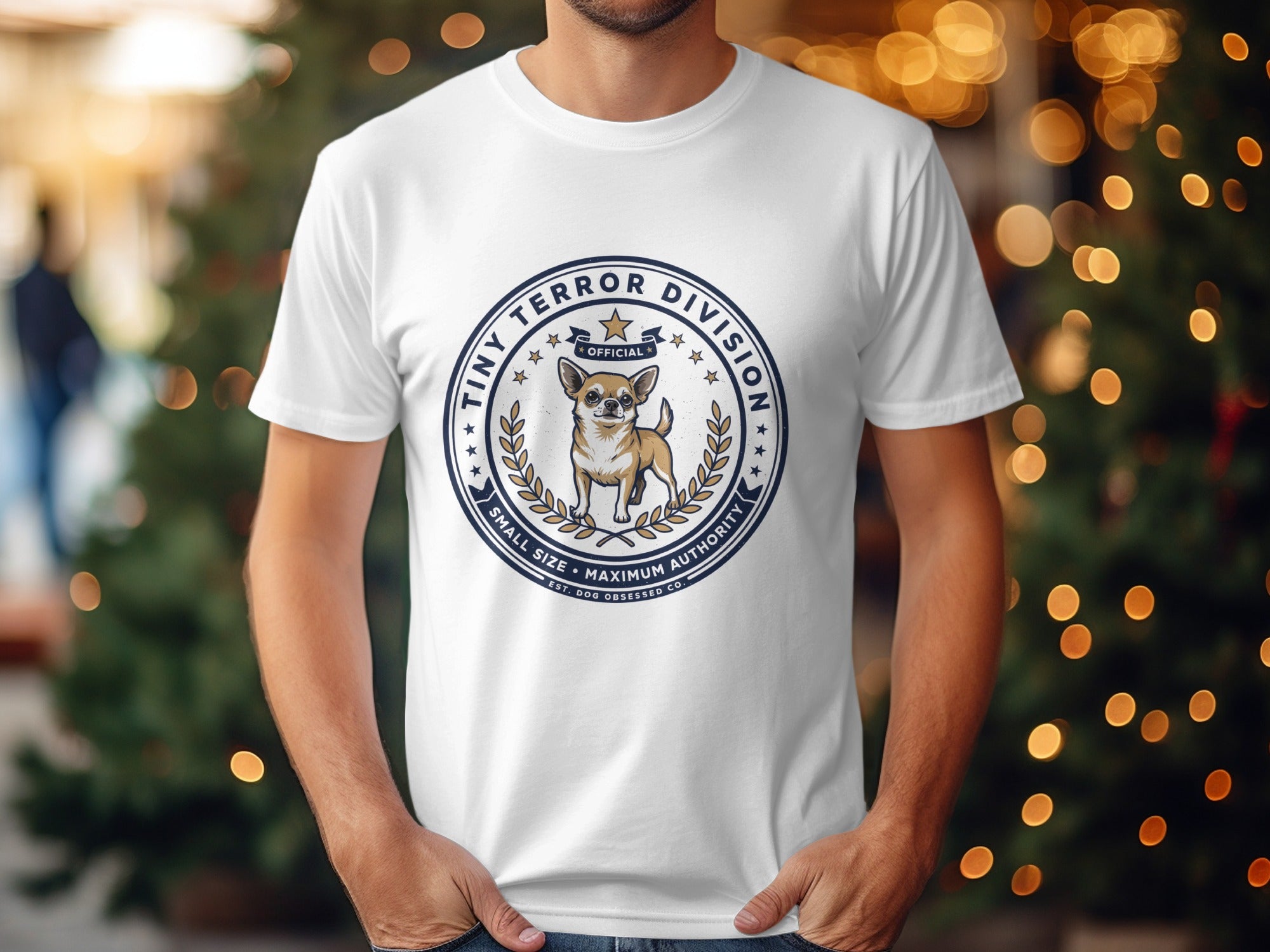 White t-shirt with "Tiny Terror Division" logo featuring a chihuahua.